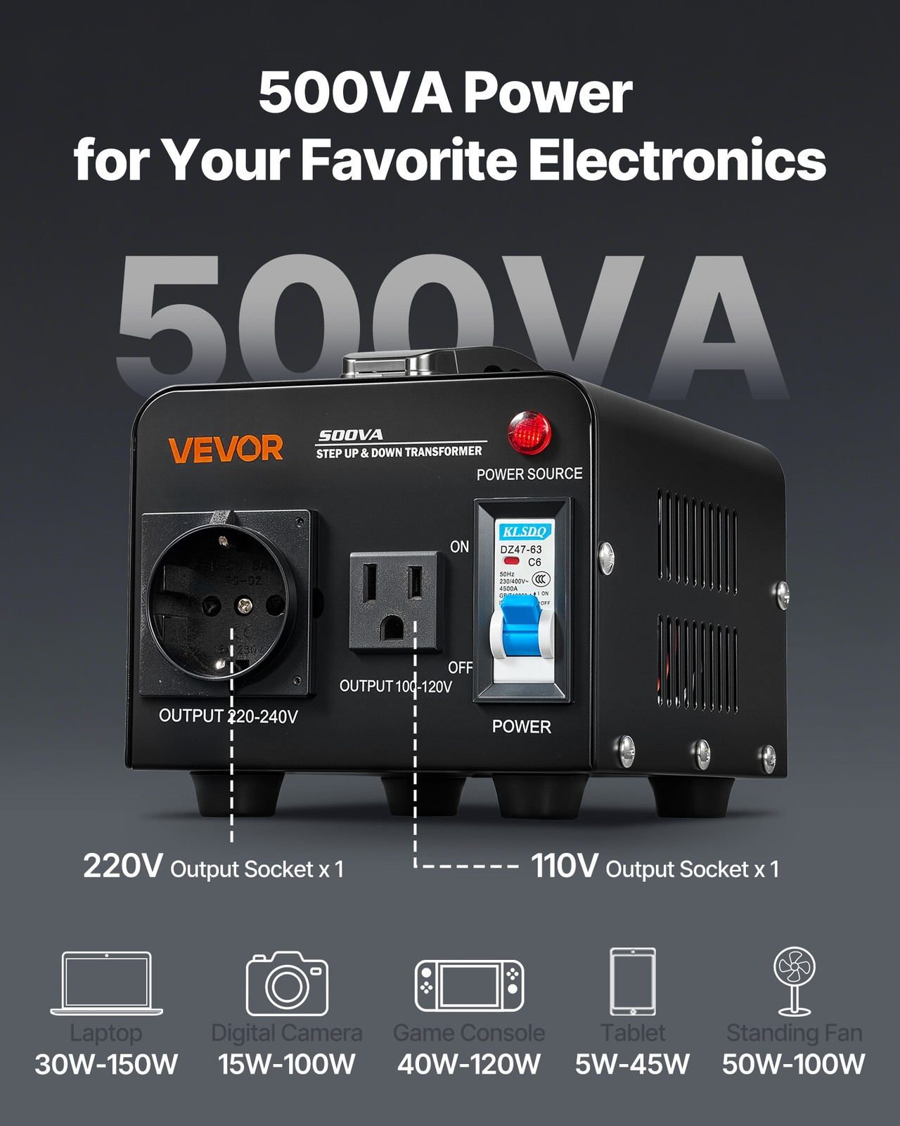 VEVOR Voltage Converter Transformer 500VA Step Up/Down 110V to 220V/220V to 110V