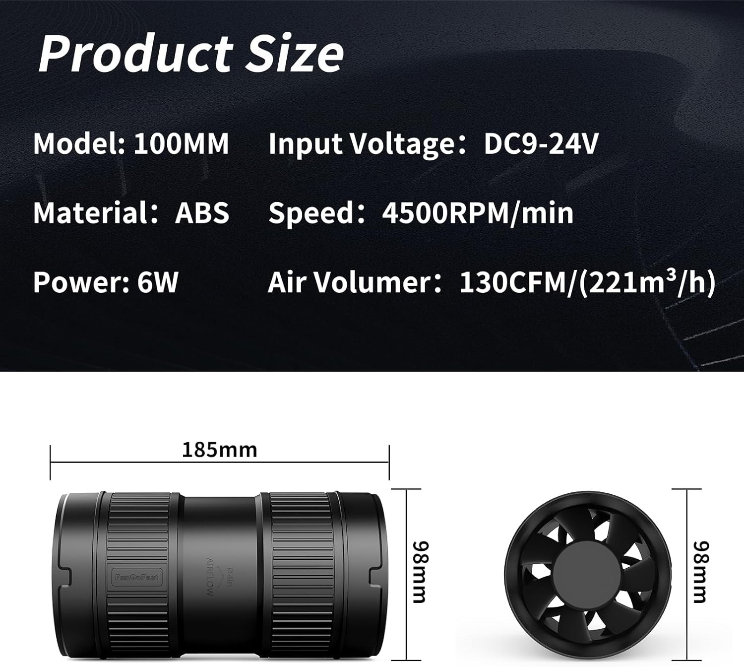 4 Inch Inline Duct Fan 130CFM Airflow with Stepless Speed Control Low Noise