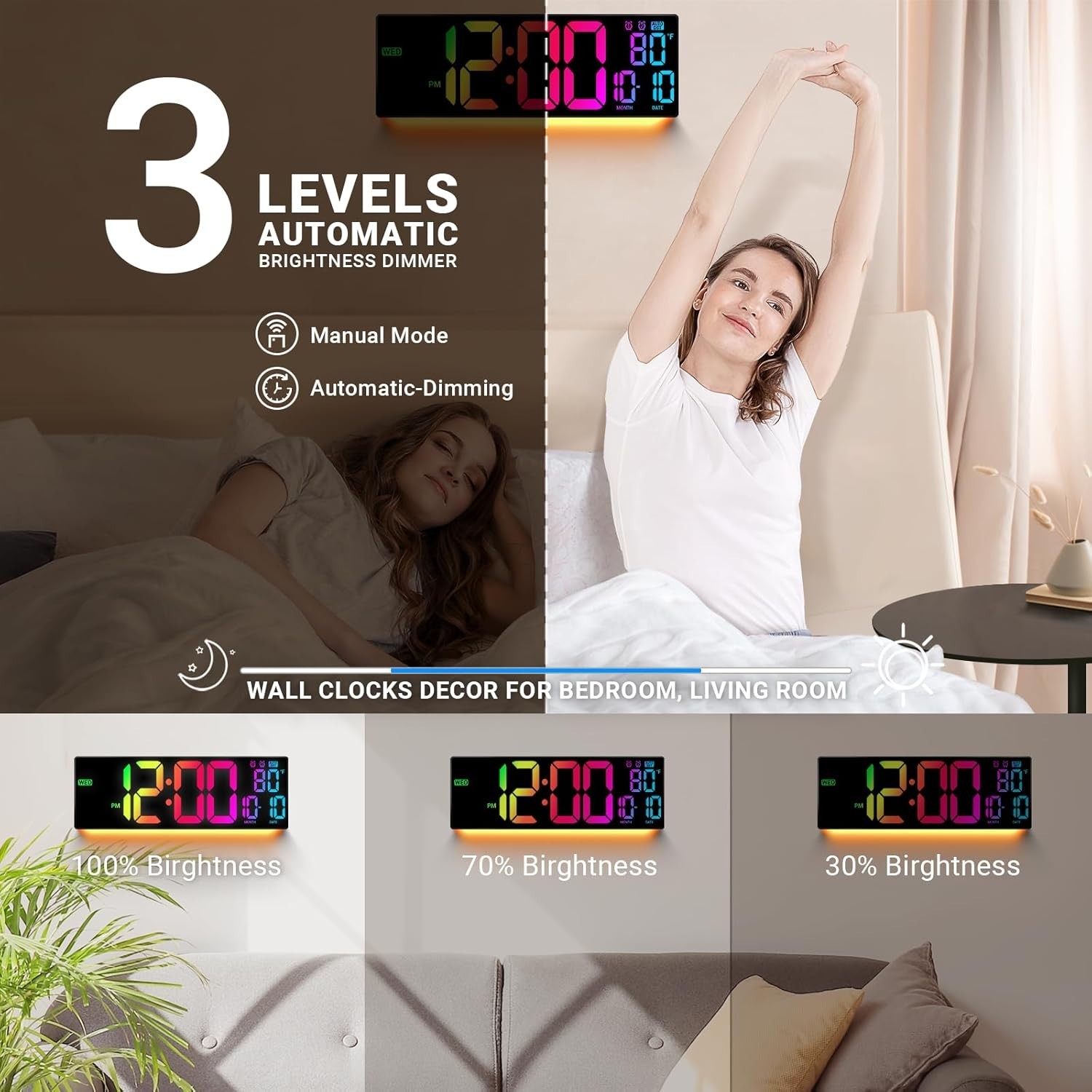 Large LED Digital Clock, 11 Color Changing, Remote Control, Multicolor