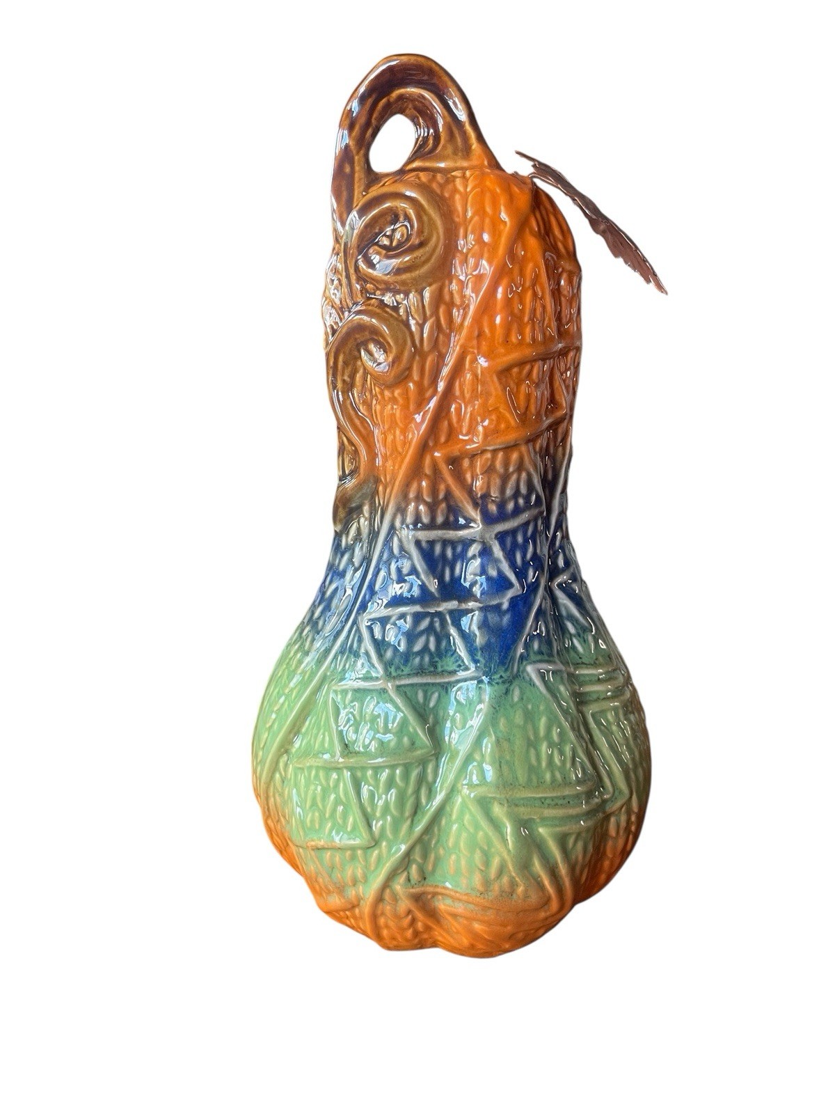 Pumpkin Tall Slender Ceramic Embossed Vine Fall Harvest Decor Autumn Gourd 10″