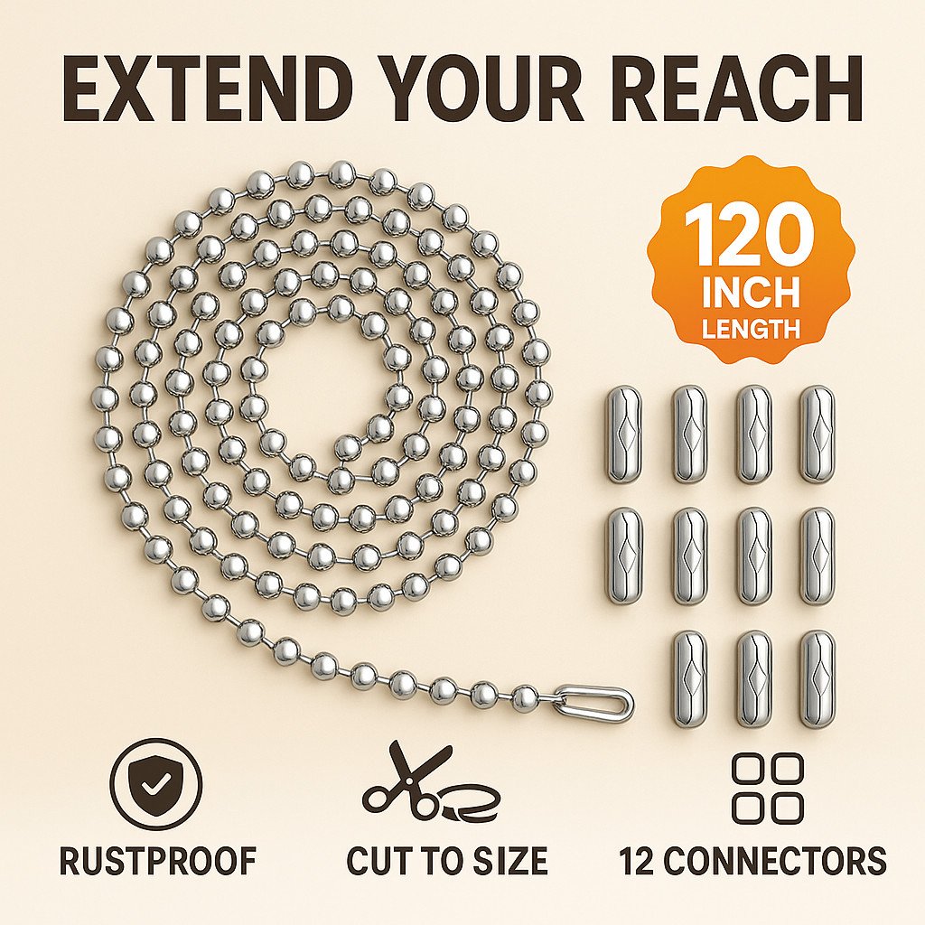120in Stainless Steel Pull Chain Extender 3mm Ball Chain 12 Connectors Fan Light