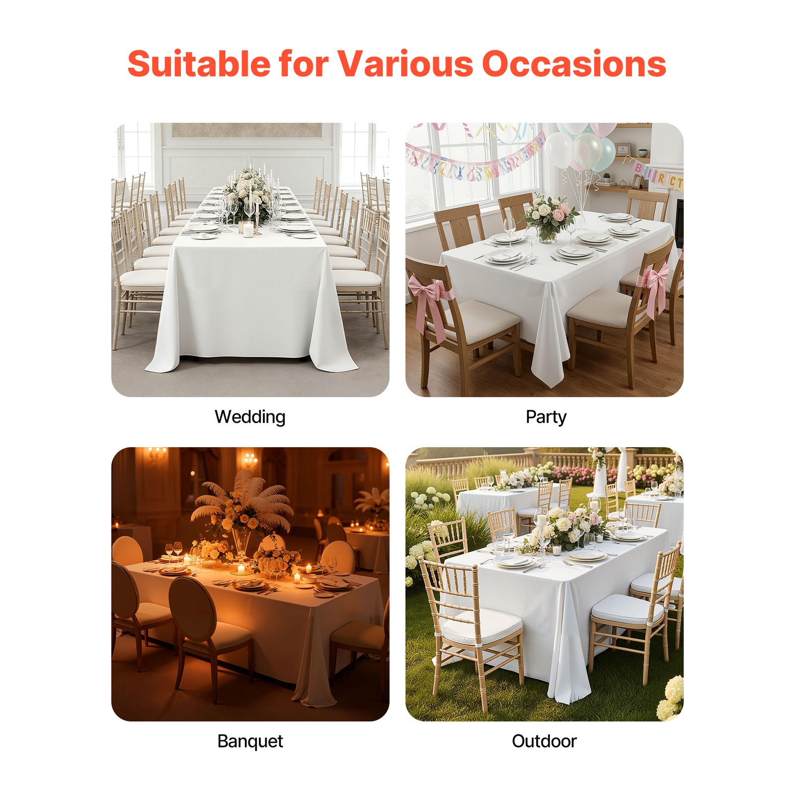 Uimoso 90×132 Inch White Rectangular Tablecloth for Weddings, Parties, 6 Pack