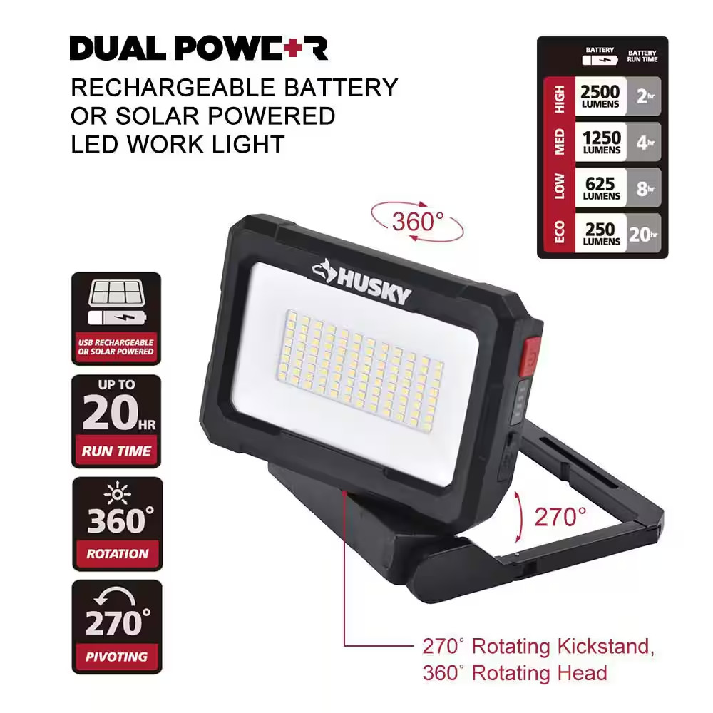 2500 Lumens Dual Power Rechargeable Battery or Solar Powered LED Work Light