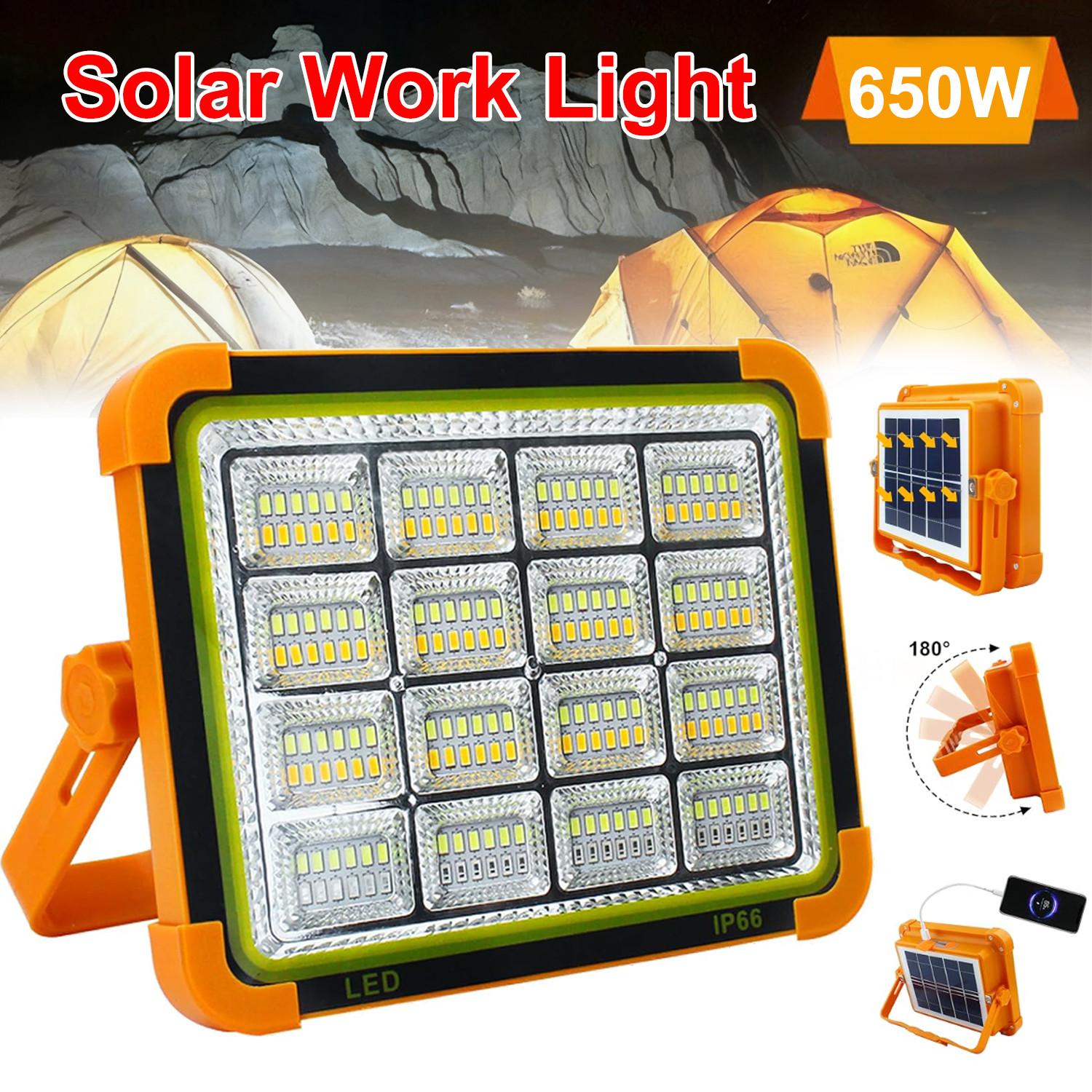2Pack 288LED Solar Work Light Rechargeable Portable Flood Light for Camping 650W
