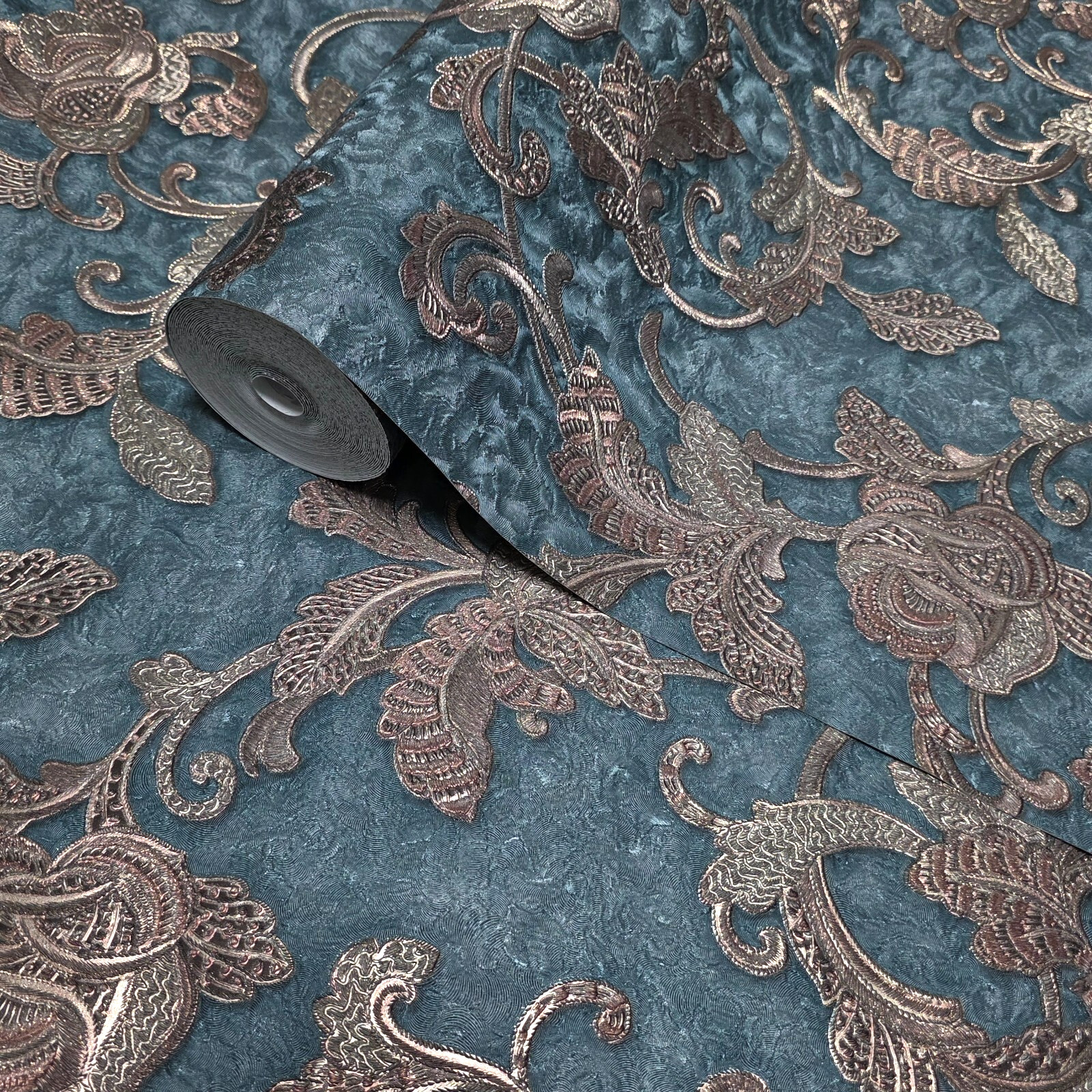 Dark Teal green blue bronze metallic plaster textured floral damask Wallpaper 3D