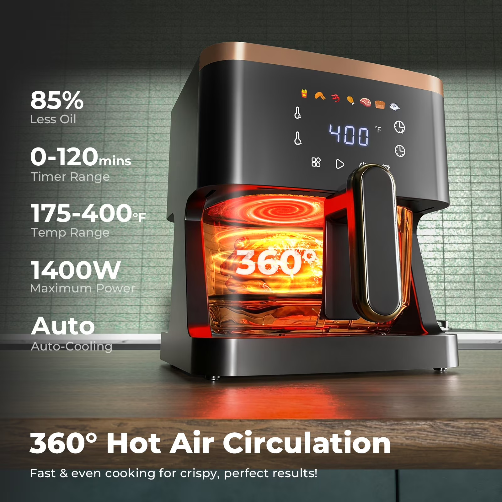 7-in-1 Air Fryer, 5 QT Glass Basket Fryer, 360° Cooking Window, 1400W Precise