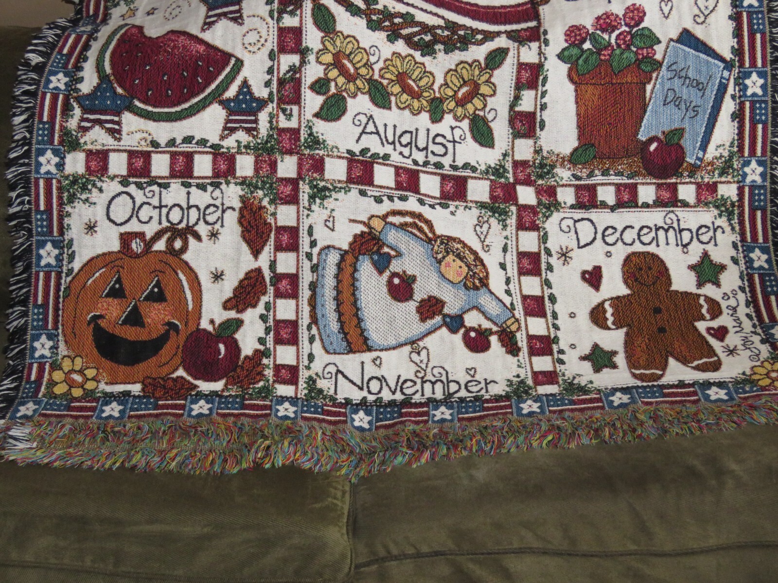 Tapestry Throw Afghan Blanket AMERICANA 12 Months Calendar Seasons VINTAGE