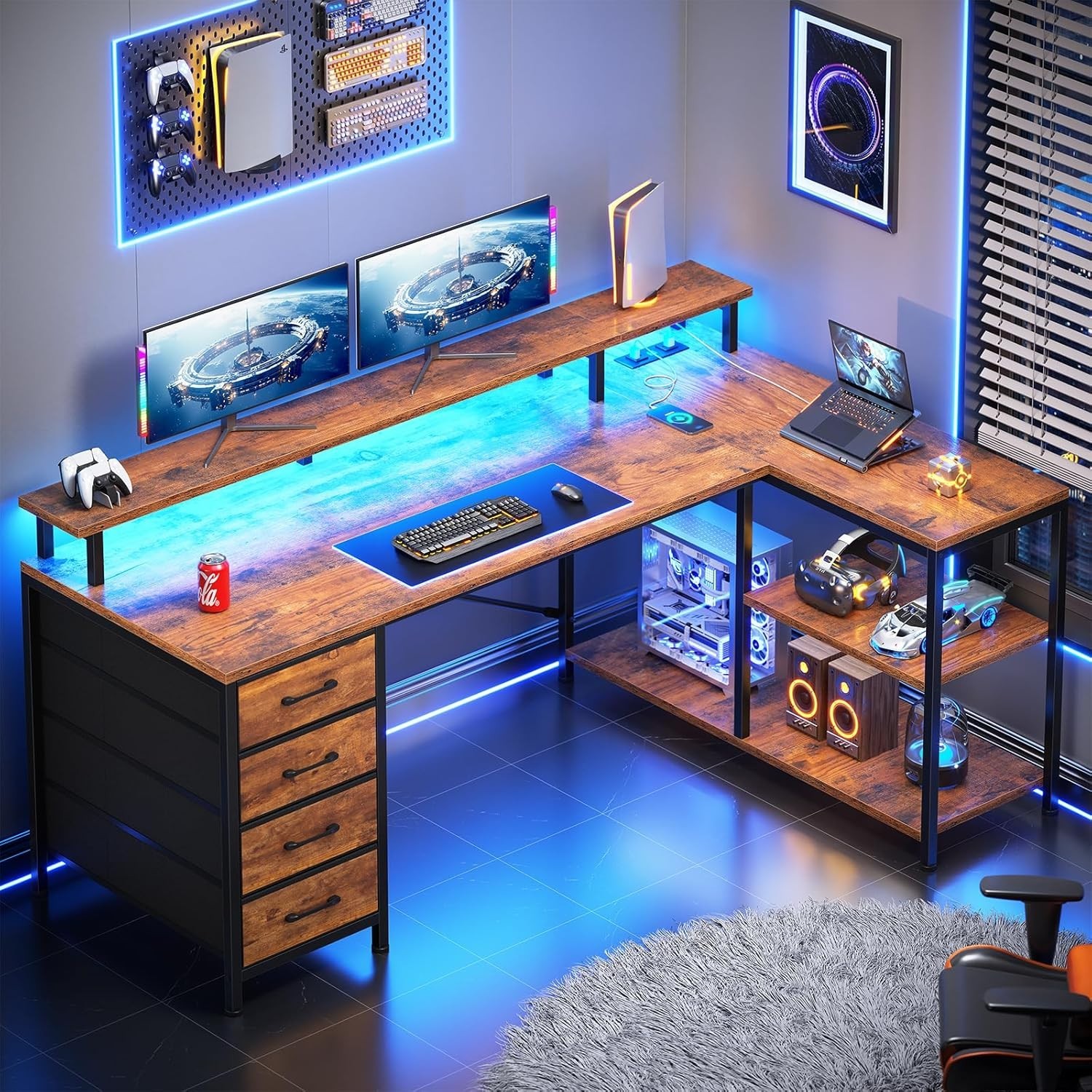 L Shaped Desk with 4 Drawers &Storage Shelves, Corner Computer Desk w/LED Lights