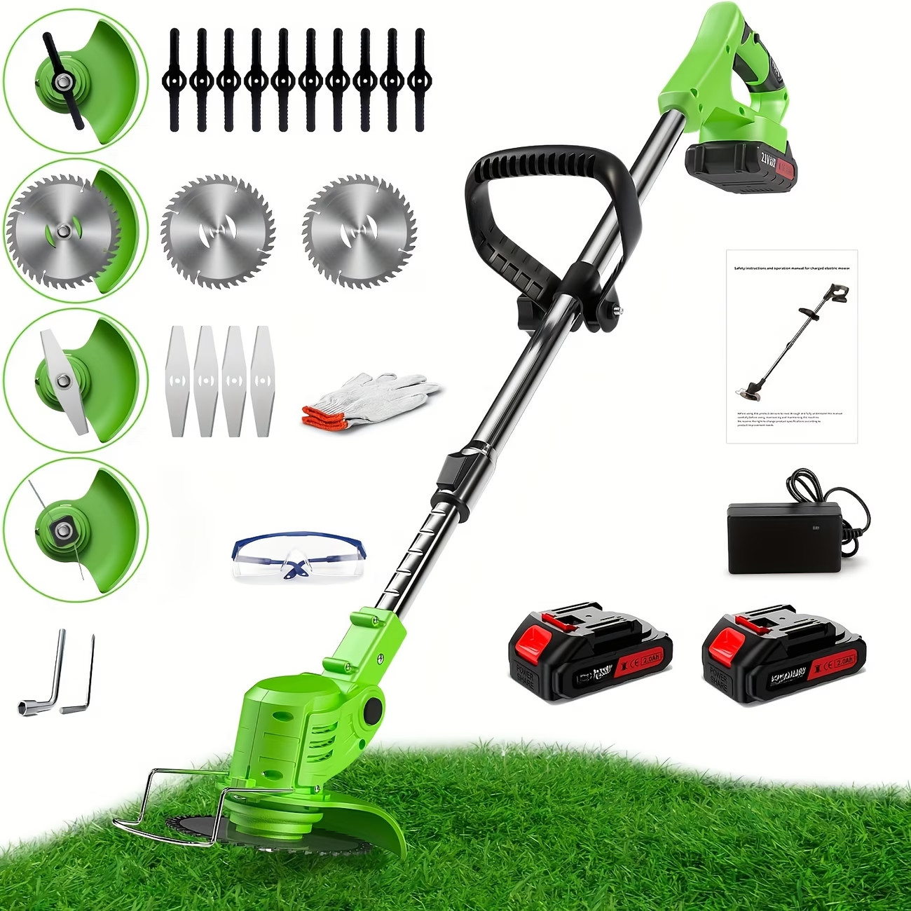 24V Cordless Weed Wacker Brush Cutter String Trimmer with 2 Batteries Blades