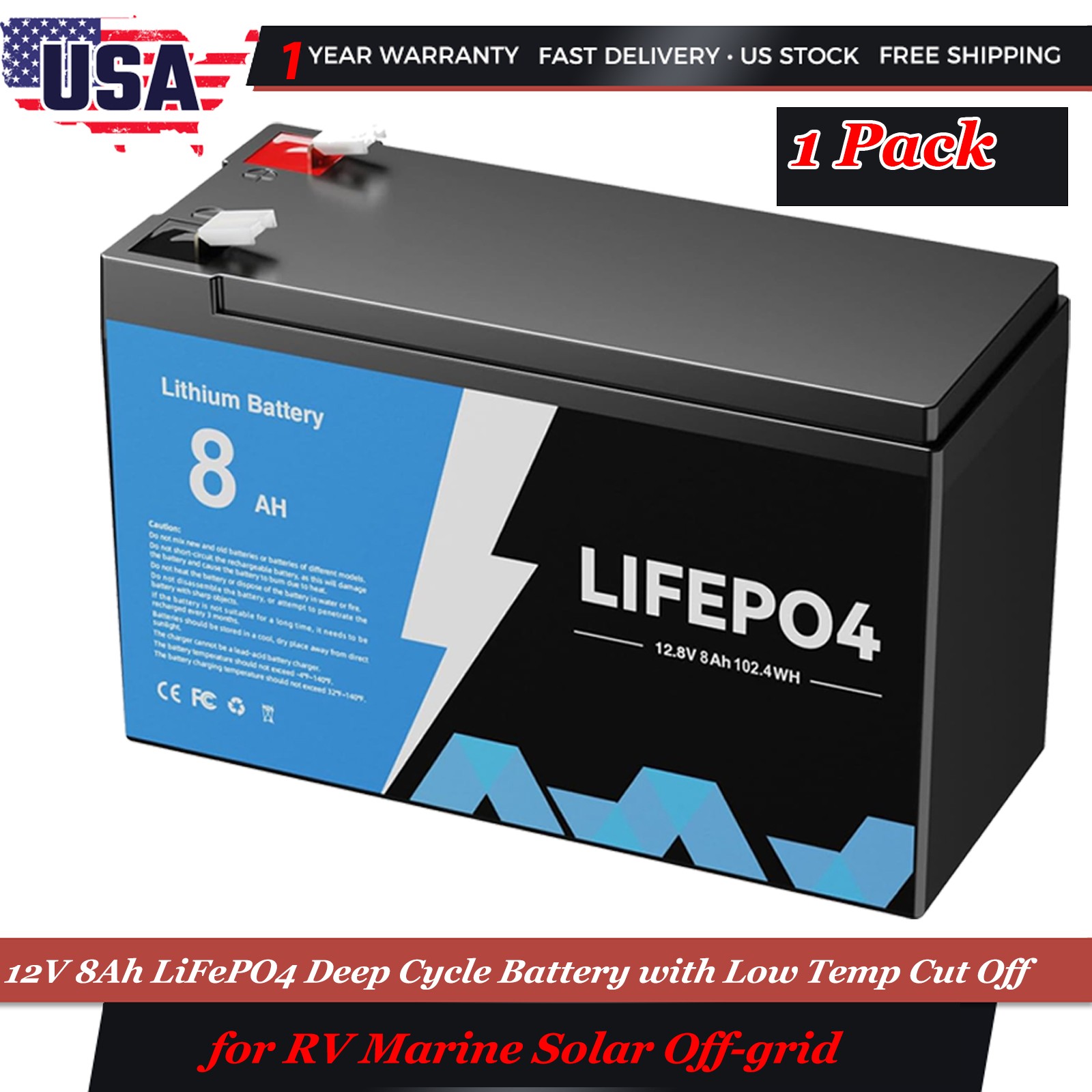 12V 8AH LiFePO4 Rechargeable Lithium Battery BMS Deep Cycle for RV Camping New
