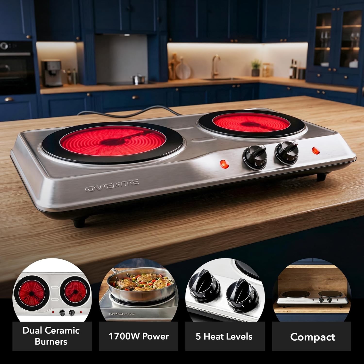 Countertop Infrared Double Burner 1700W Electric Hot Plate and Portable Stove