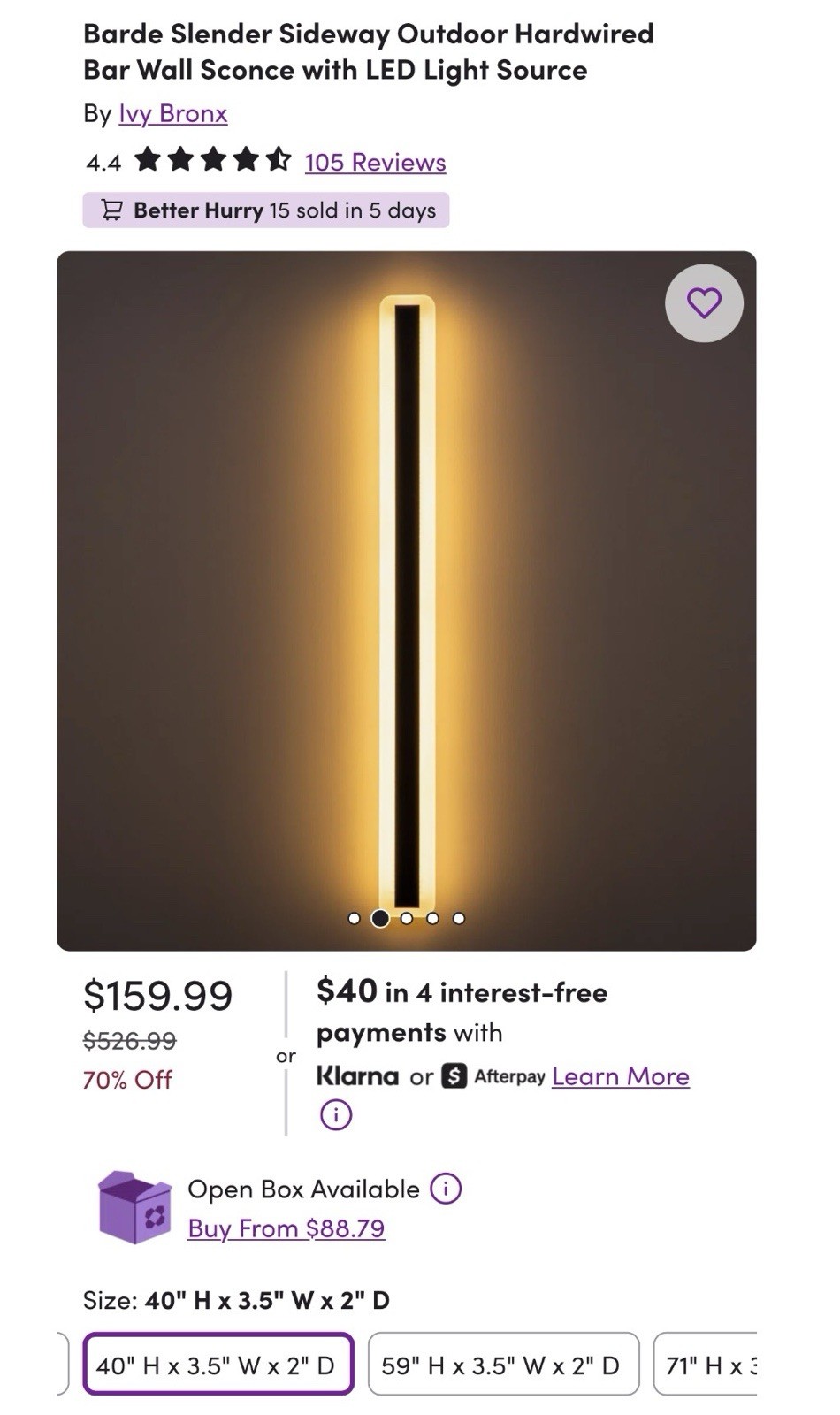 40″ Slender Sideway Outdoor Hardwired Bar Wall Sconce With LED Light Fixture