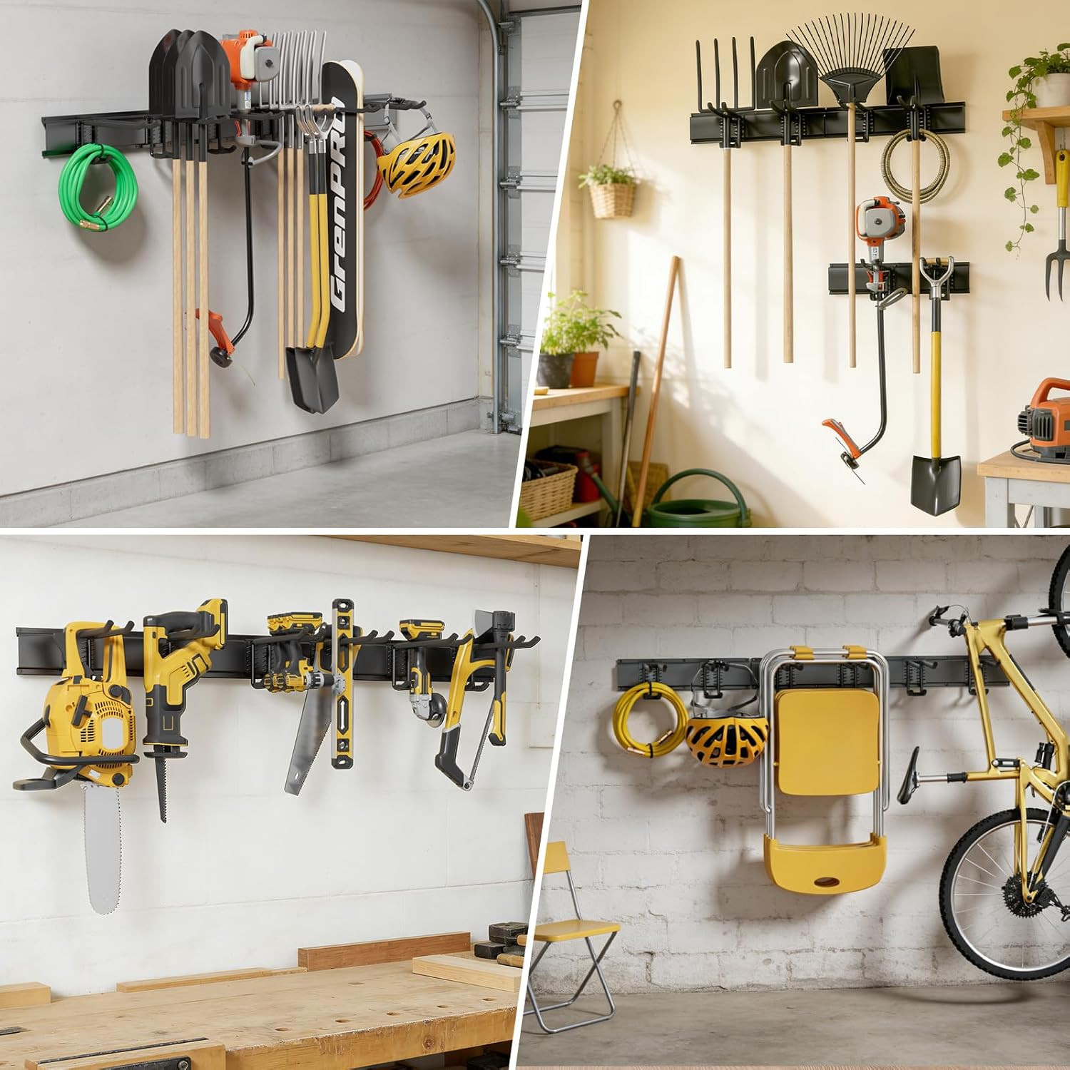 Garage Tool Organizer Wall Mount with 49.5 Inches Rails and 6 Double-Layer Hooks