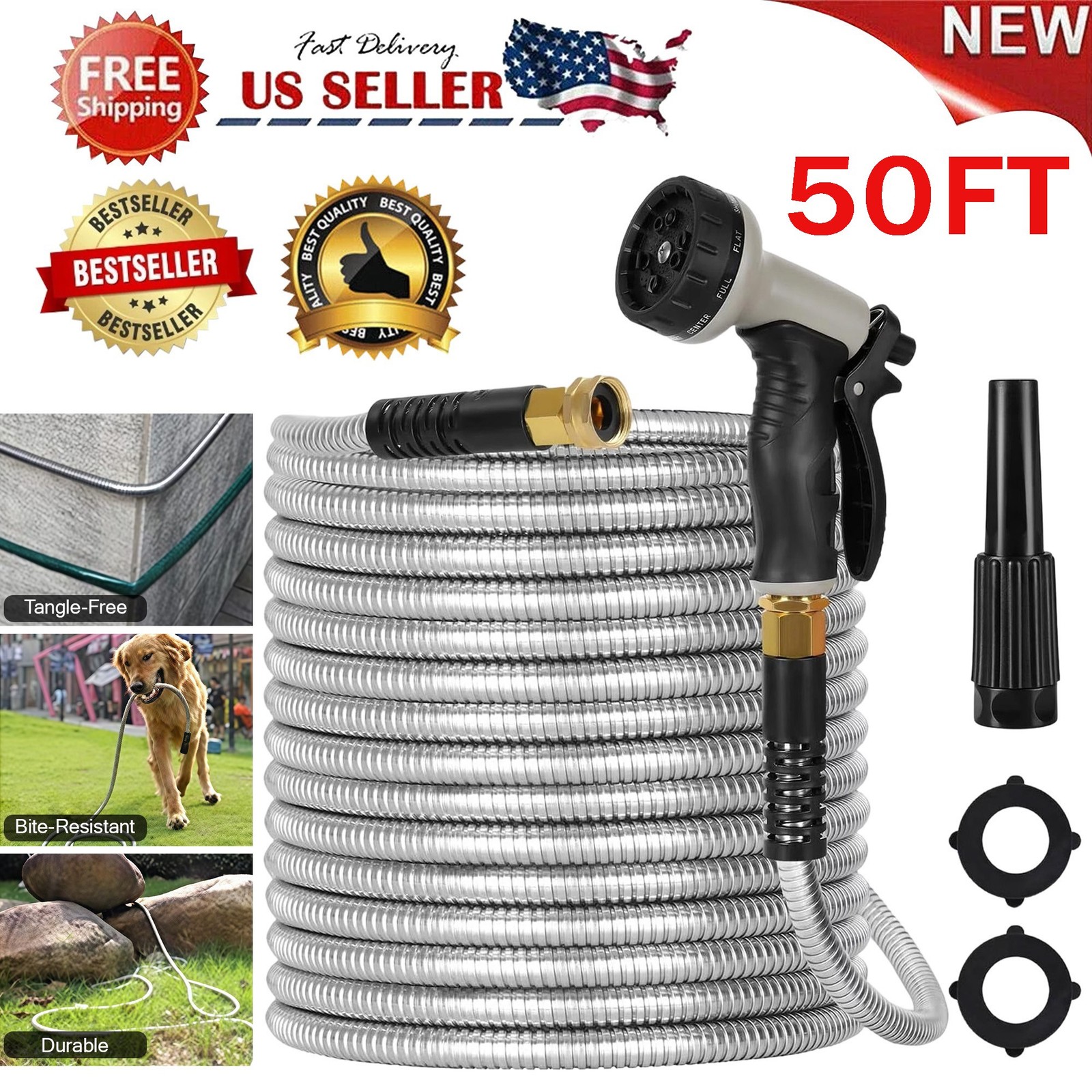 Stainless Steel Metal Garden Water Hose Pipe Flexible Lightweight 25/50FT
