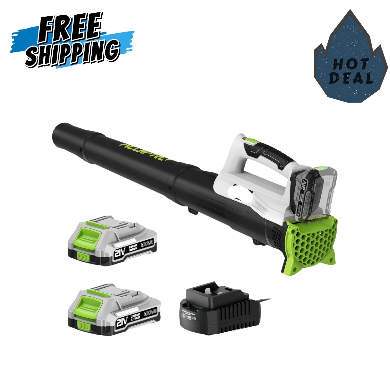 Cordless 21V Leaf Blower w/ 2 Batteries & Charger Lightweight Lawn Blower