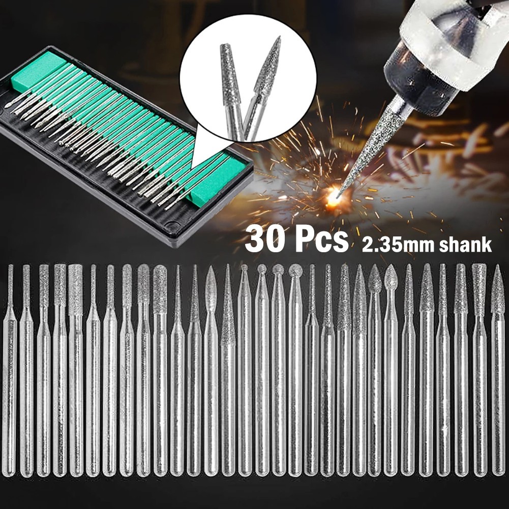 30 Pcs 2.35mm Shank Diamond Burs Set With Box For Electric Grinder Power Tool
