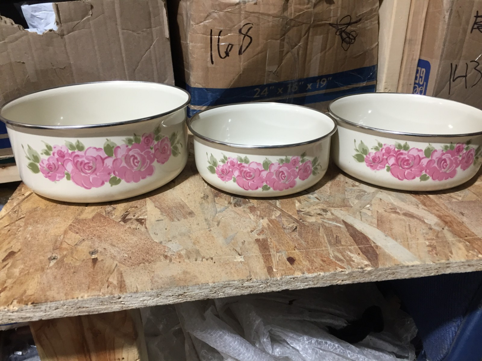 VTG Set Of 3 Enamelware Mixing Bowls Gibson Thailand 1980s Pink Floral Roses