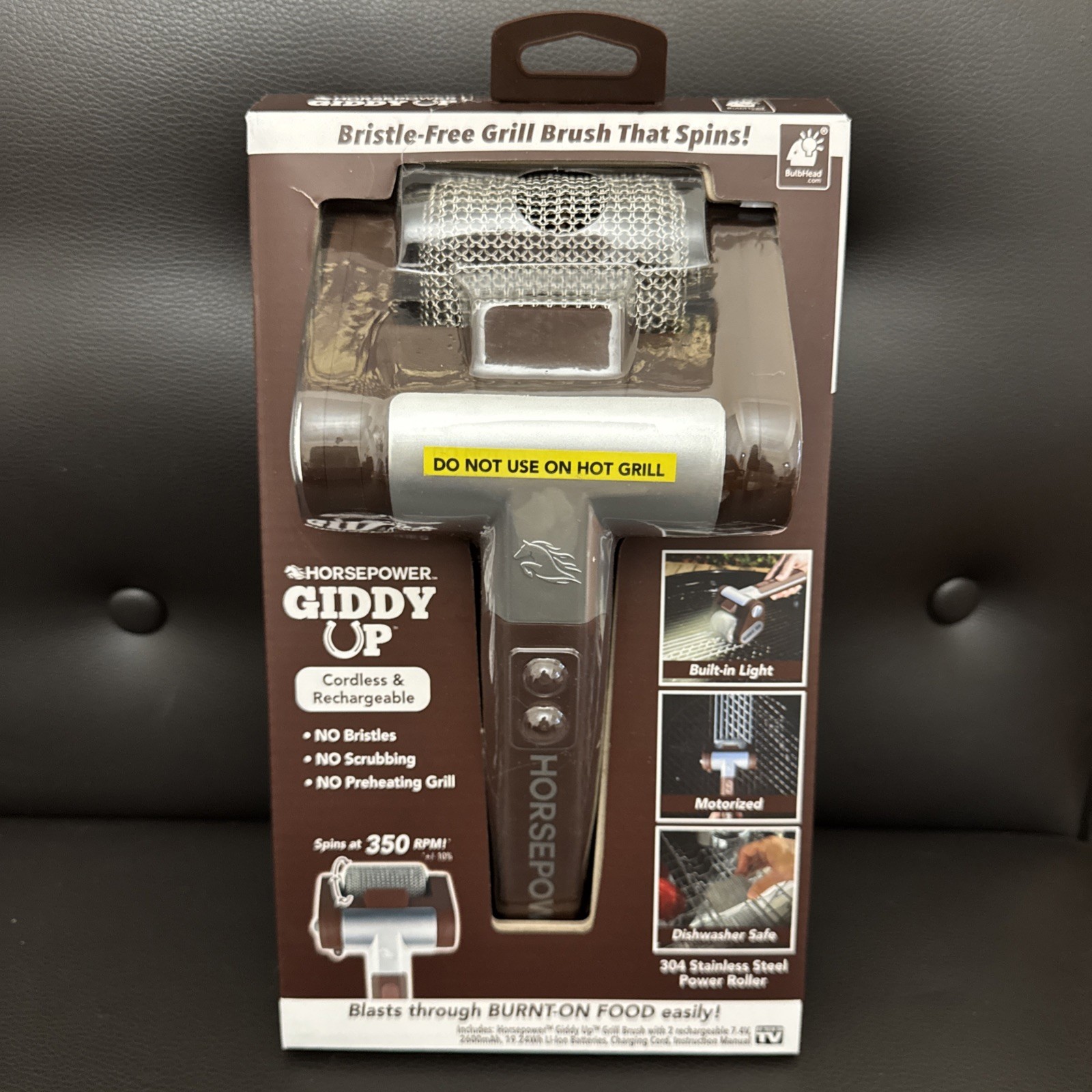 Horsepower Giddy Up Bristle-Free Spinning Grill Brush – Cordless, LED Light NEW