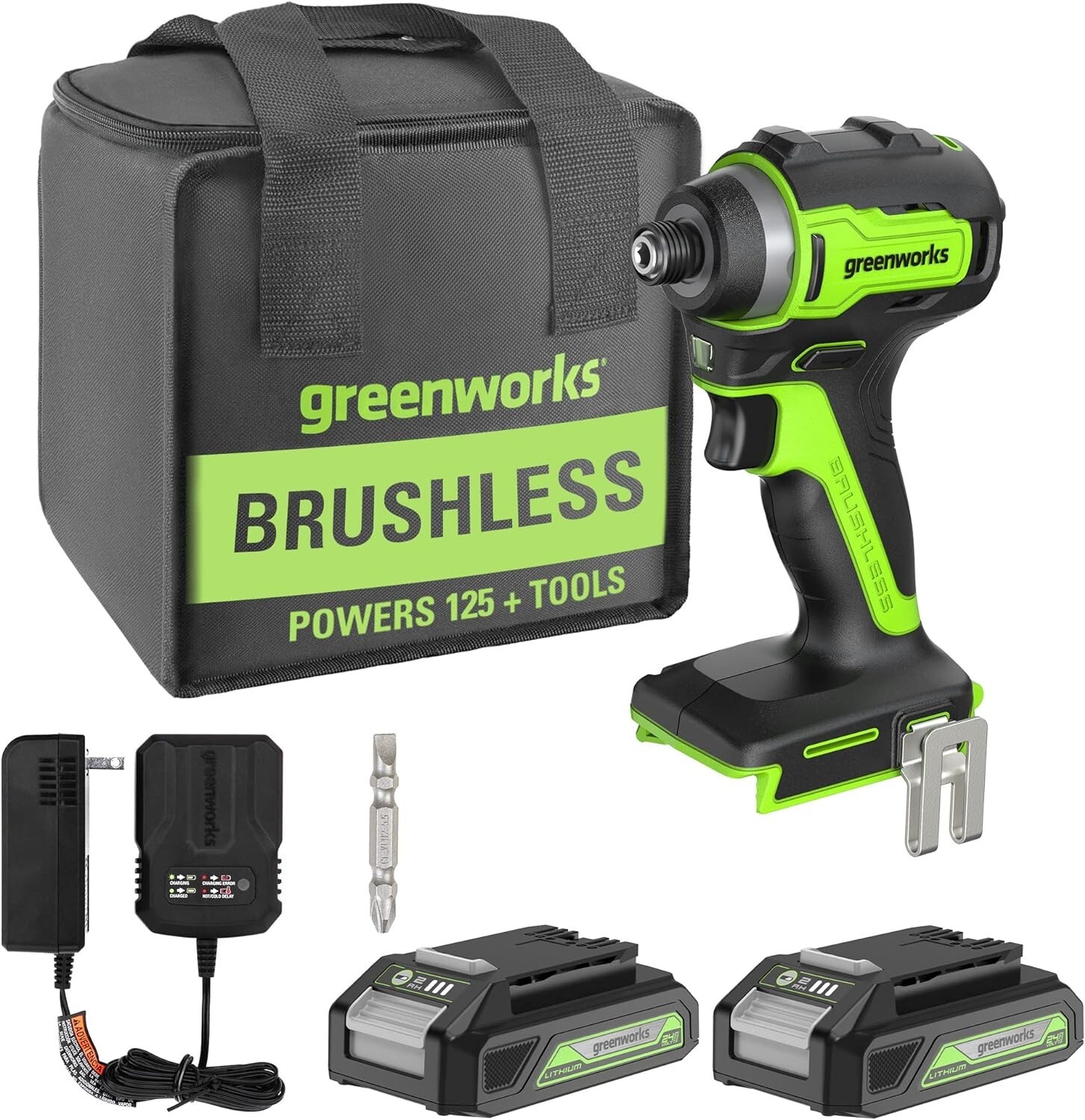 Greenworks 24V Brushless 1/4″ Cordless Impact Driver, (2) 2.0Ah Batteries, Comp