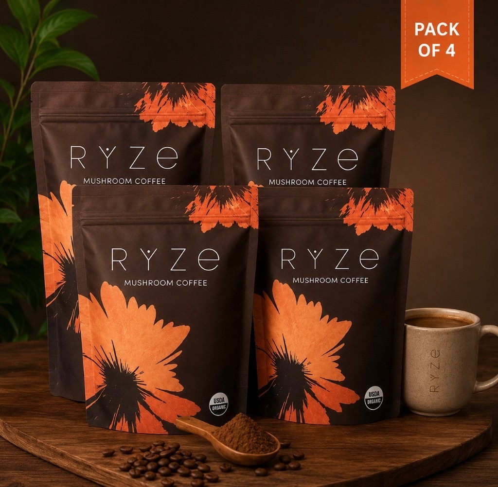 Pack of 4 RYZE MUSHROOM Coffee Bright & Smooth Gut Health Supplement 30 Servings
