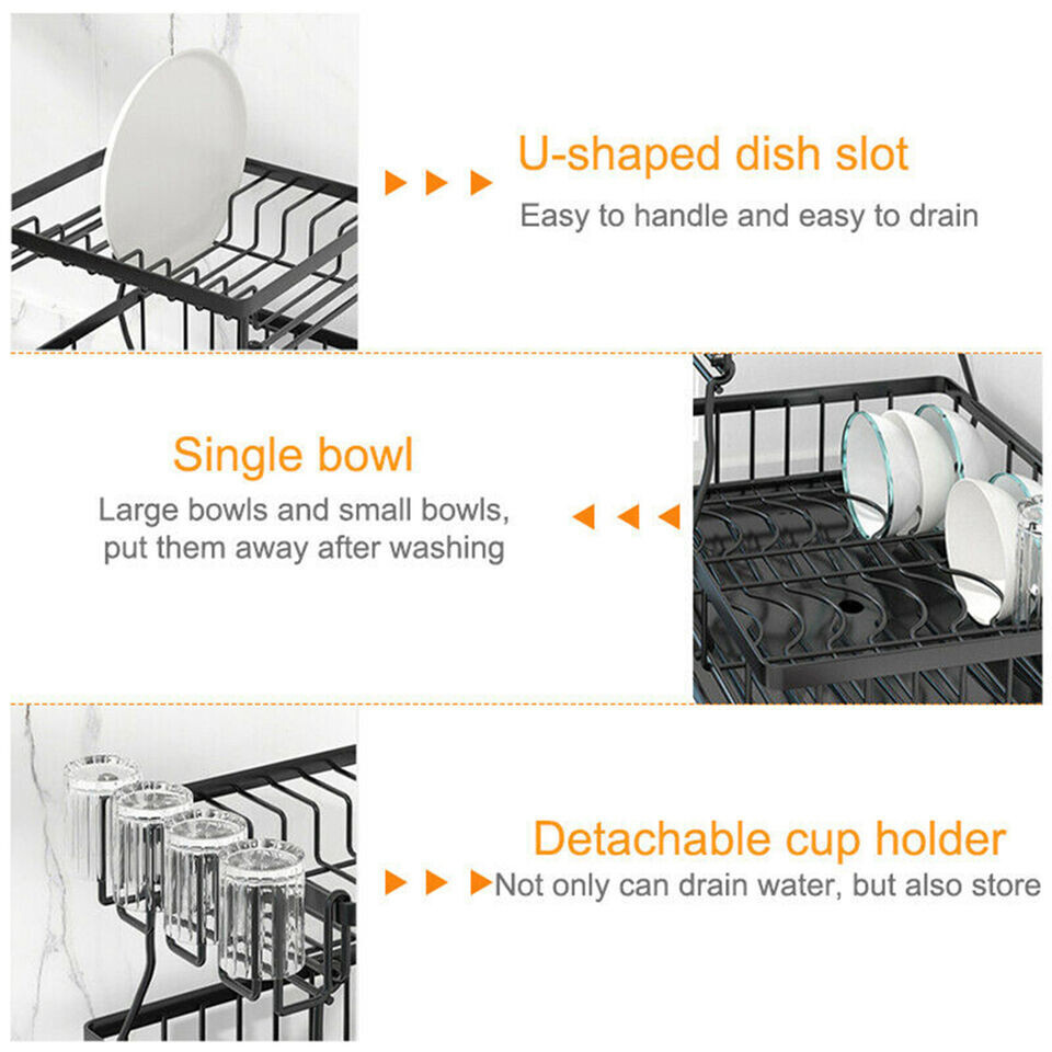 2 Tier Over The Sink Dish Drying Rack Stainless Steel Kitchen Dish Drainer Black