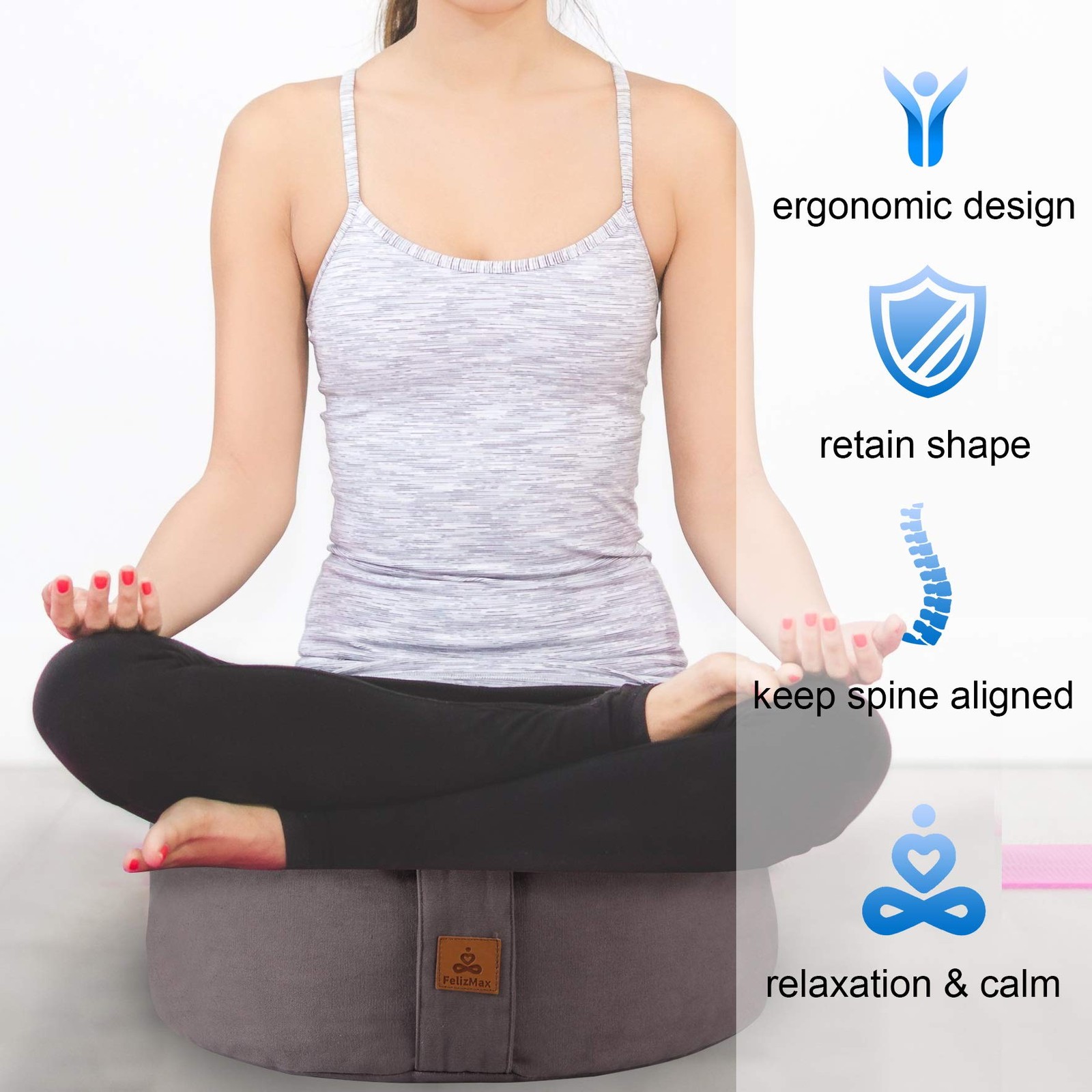 FelizMax Zafu Buckwheat Meditation Cushion,D=33cm/41cm 13”x13”x5”, Black