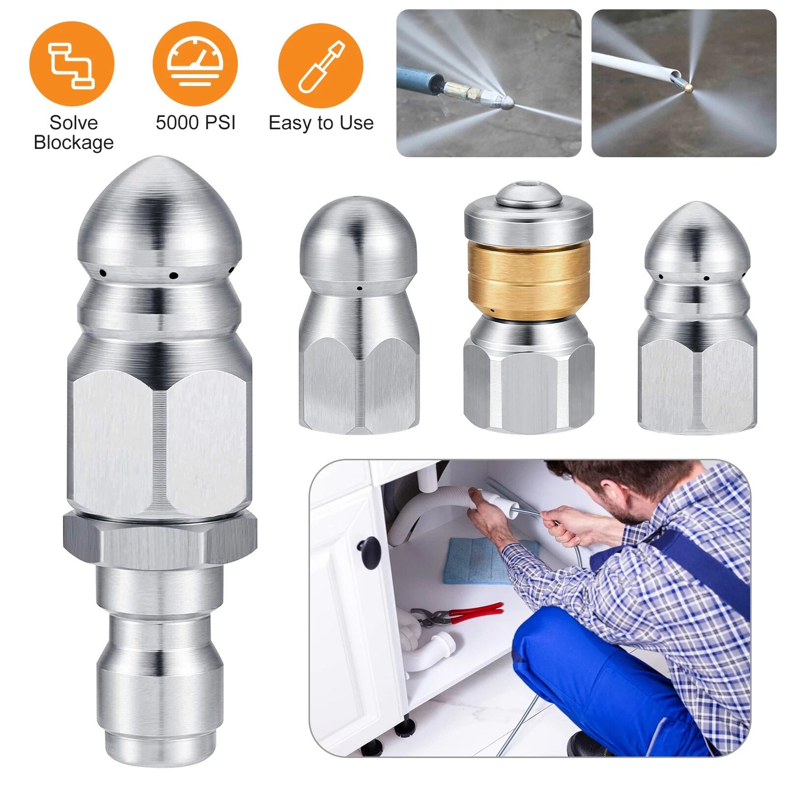 3PCS 5000PSI Pressure Washer Sewer Jetter Nozzles Drain Cleaning Hose Nozzle Tip