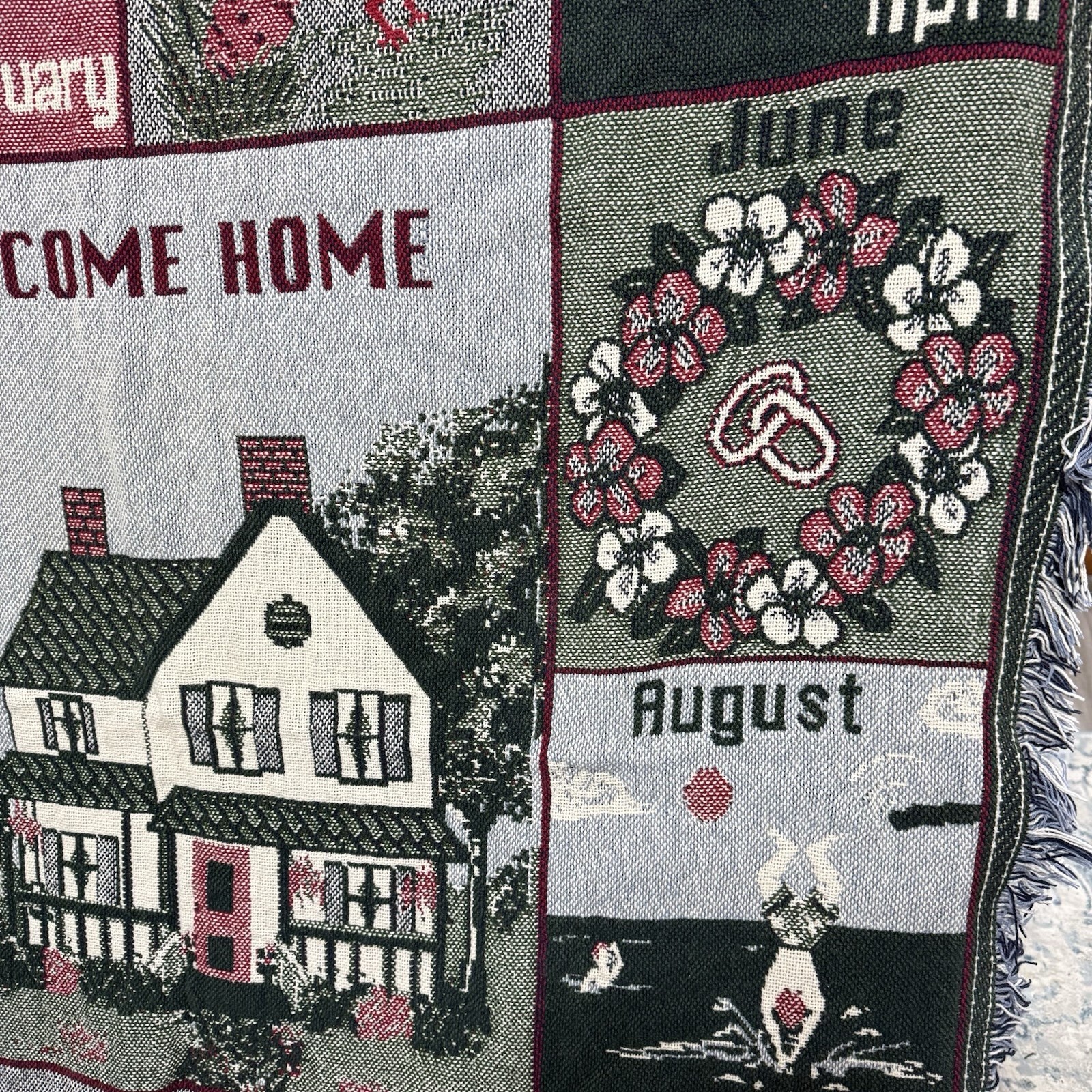 VTG 90s Tapestry Throw Blanket Welcome Home Calendar Holidays 12 Months EUC