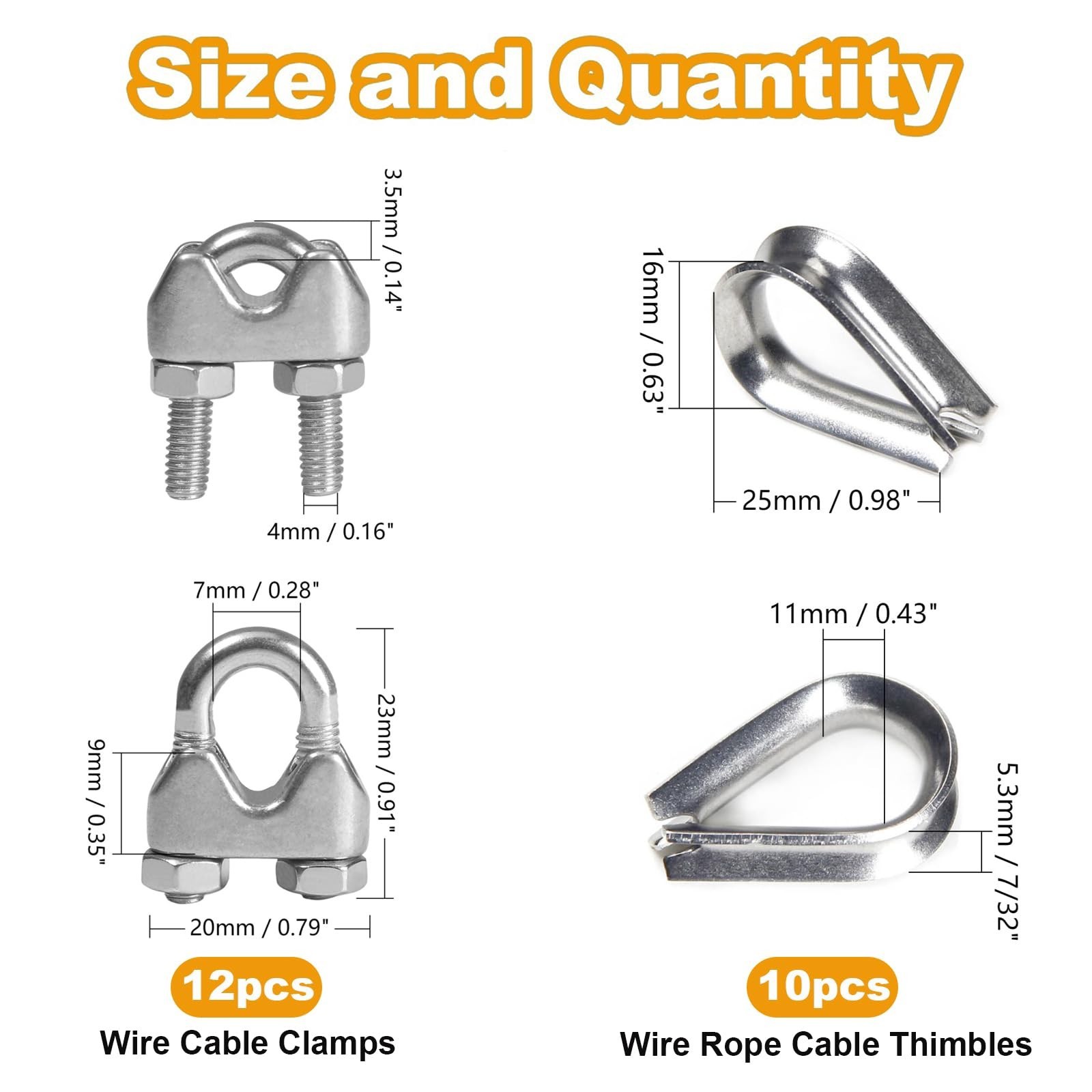 12Pcs 5/32” M4 Wire Rope Clamps 10Pcs M4 Wire Rope Thimble, 304 Stainless St…