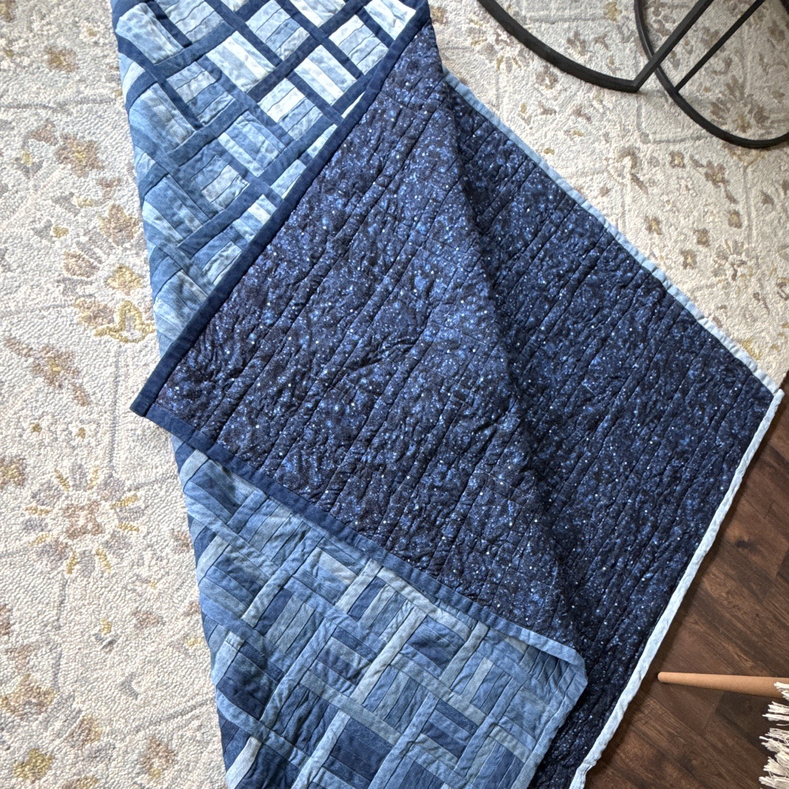 New Handmade Recycled Jean Reversible Quilt Blue/White 6FT 8.5 IN x 7FT 4IN