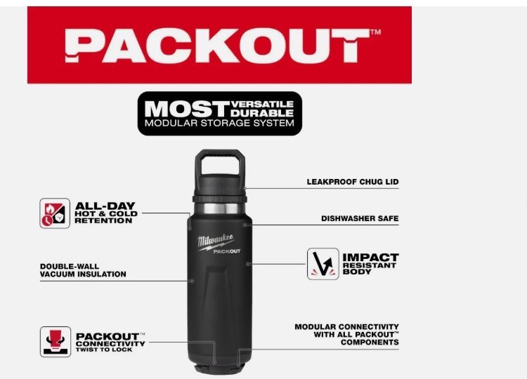 Milwaukee PACKOUT 36oz Insulated Bottle with Chug Lid Black 48-22-8397B New
