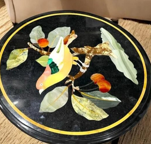 Black Marble Coffee Table with Floral Semi-Precious Stone Inlay Handcrafted arts