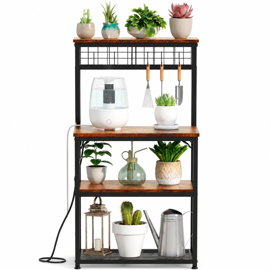 Kitchen Bakers Rack Power Outlet 4-Tier Oven Stand Storage New