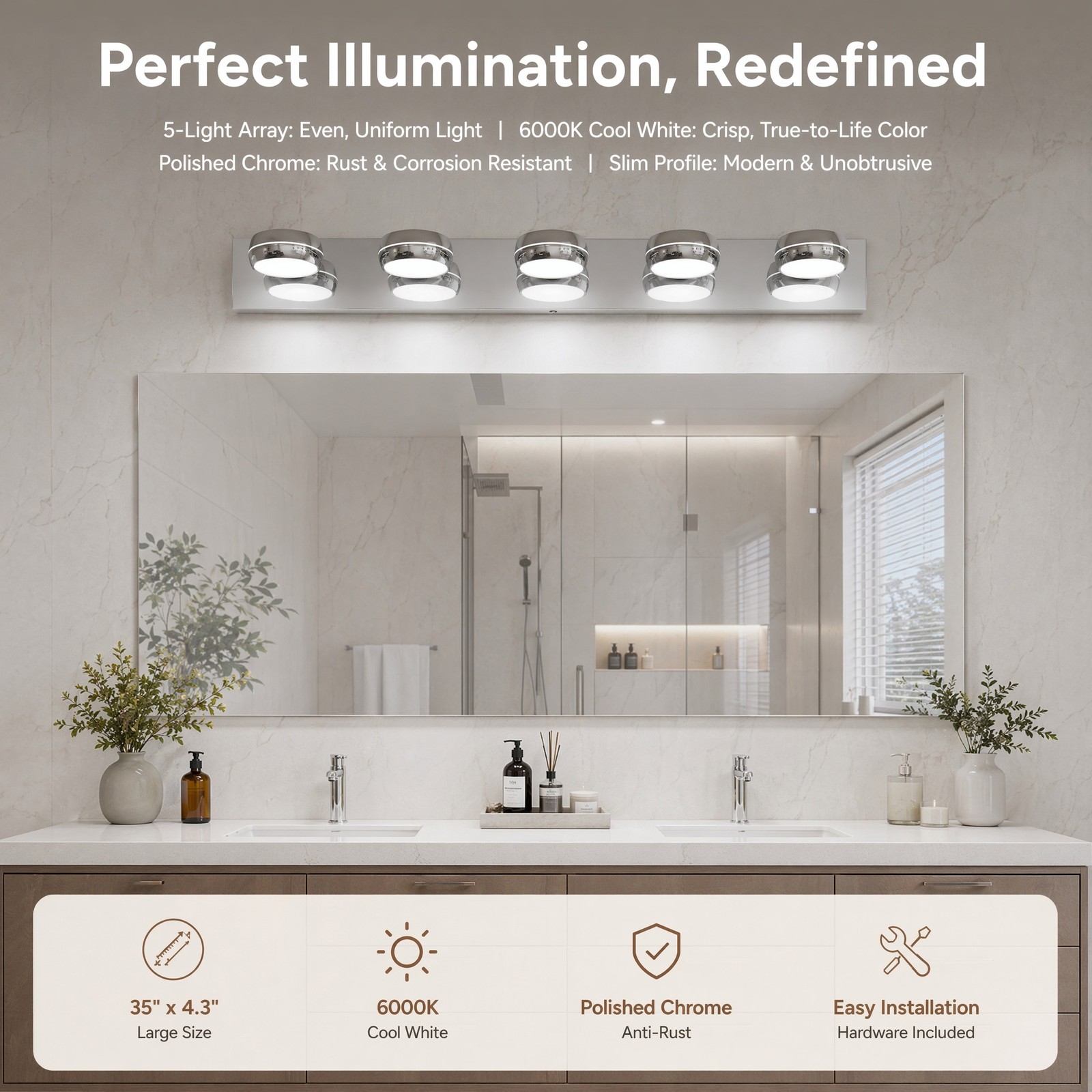 35 in 5 Light Modern Chrome LED Vanity Bathroom Over Mirror Wall Sconce Fixture
