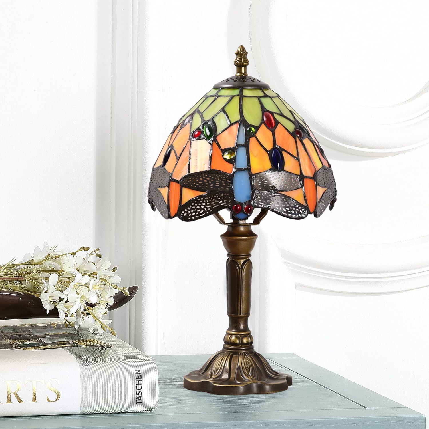 Tiffany Style Dragonfly Stained Glass Art Light Retro Decor Table Lamp 14″Tall