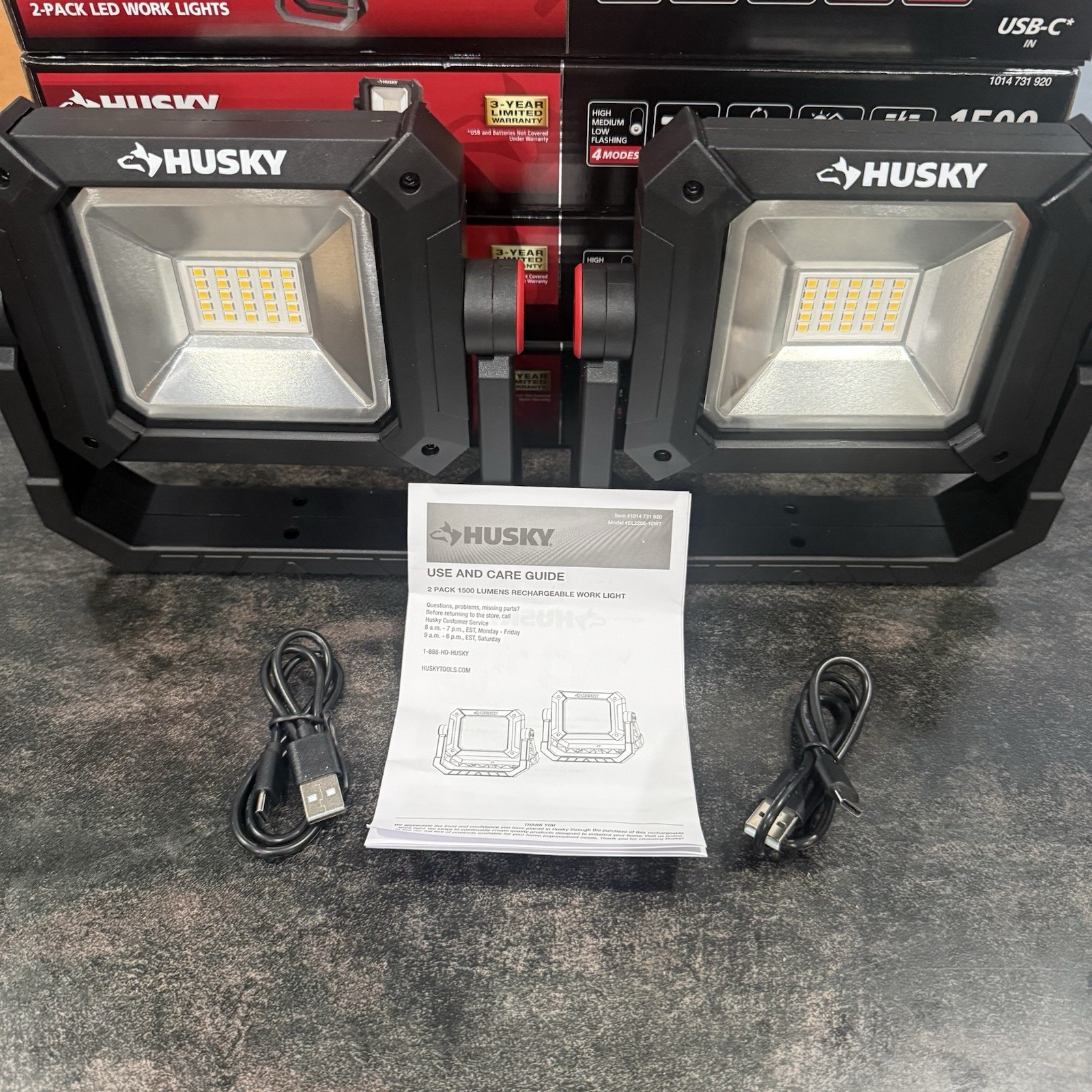 Husky 1500 Lumen Portable Rechargeable LED Work Lights 2Pack USB-C Magnetic 360°