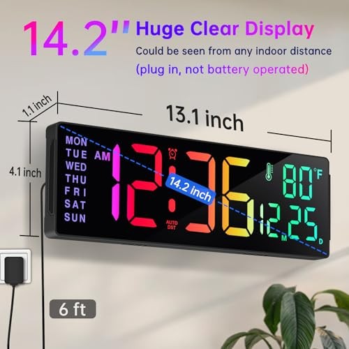 14.2″ Large Display Digital Wall Clock with Date Day of Week 14.2” Multicolor