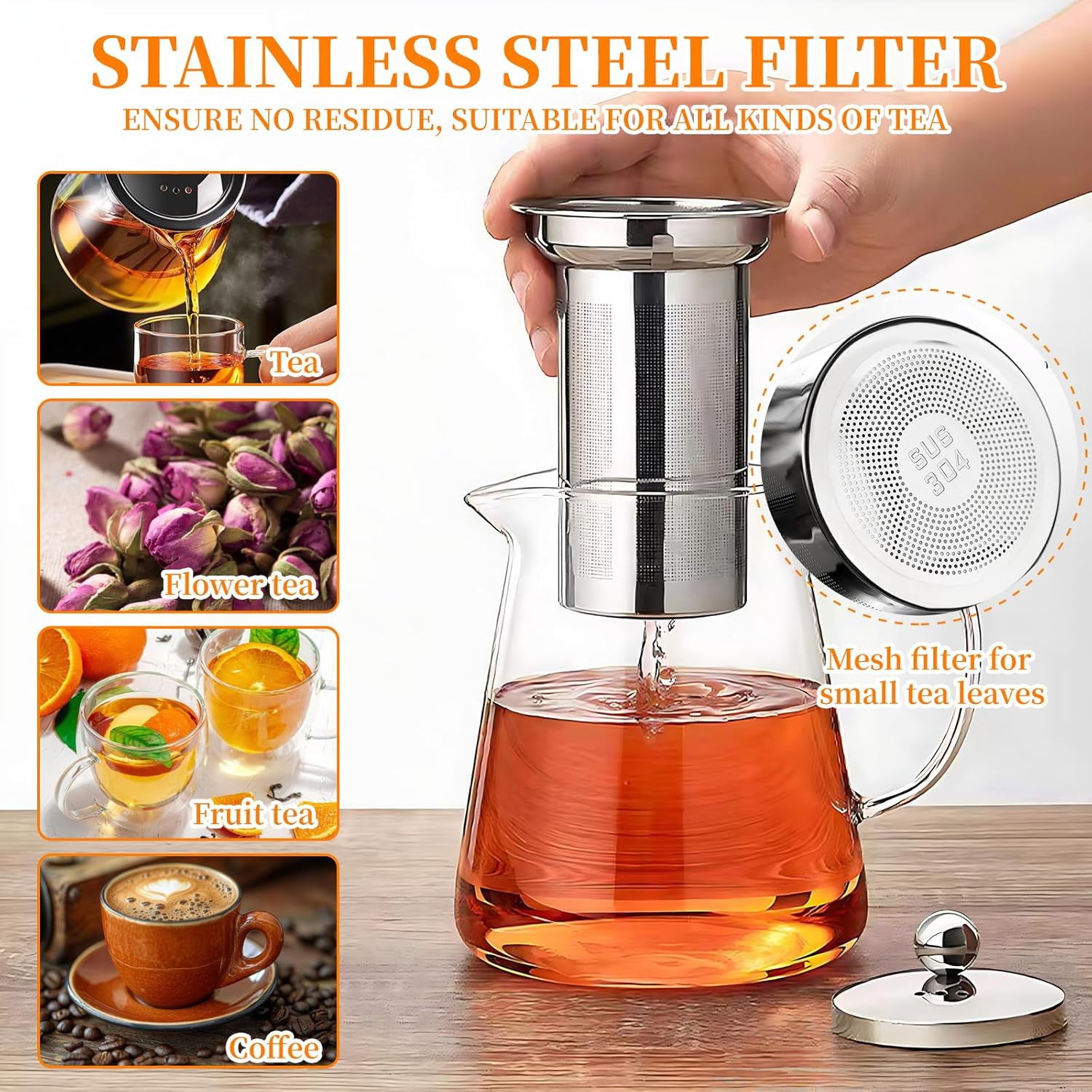 Glass Teapot with Stainless Steel Infuser, Borosilicate Tea Kettle, Clear Tea