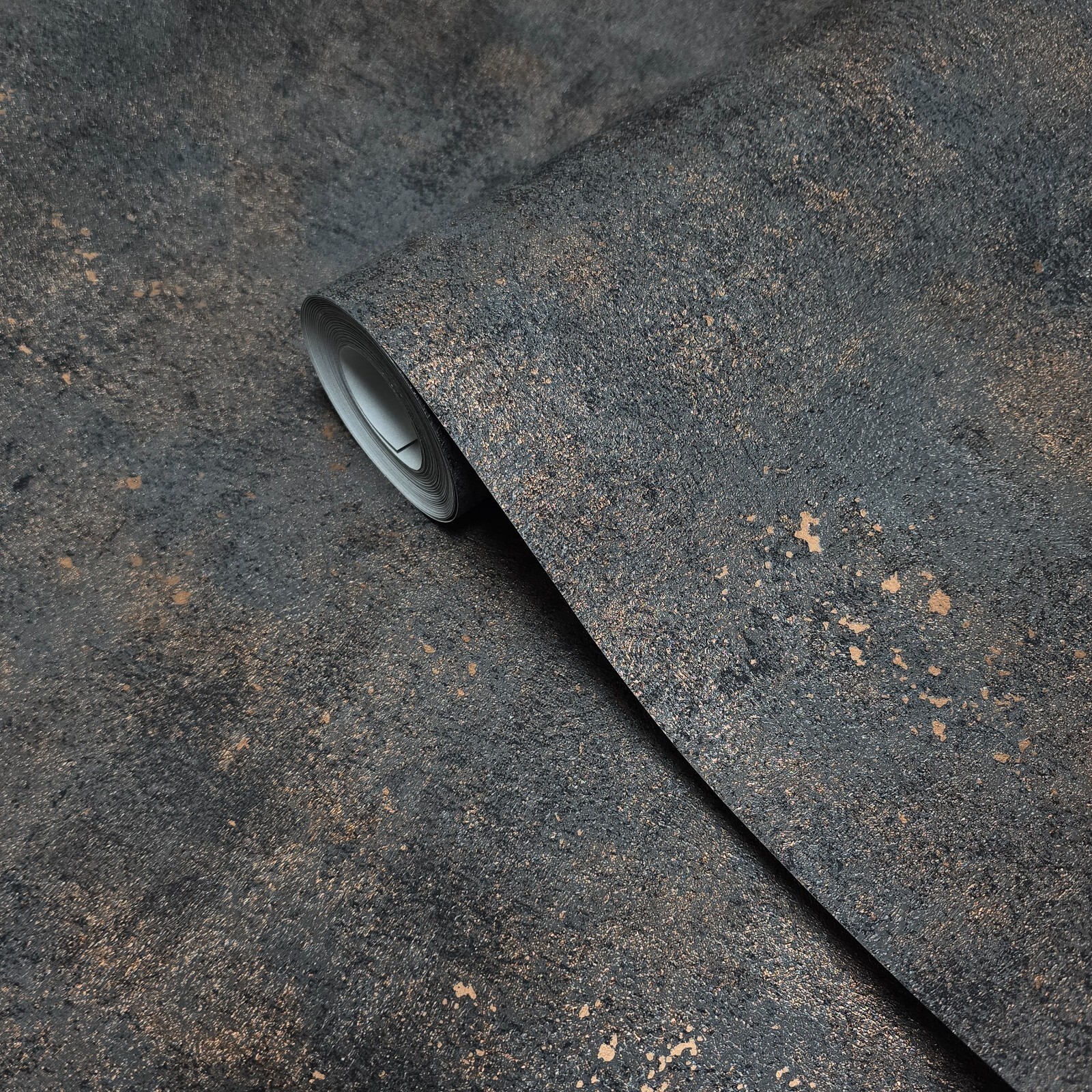 Distressed paint gray rose gold metallic faux concrete plaster texture wallpaper