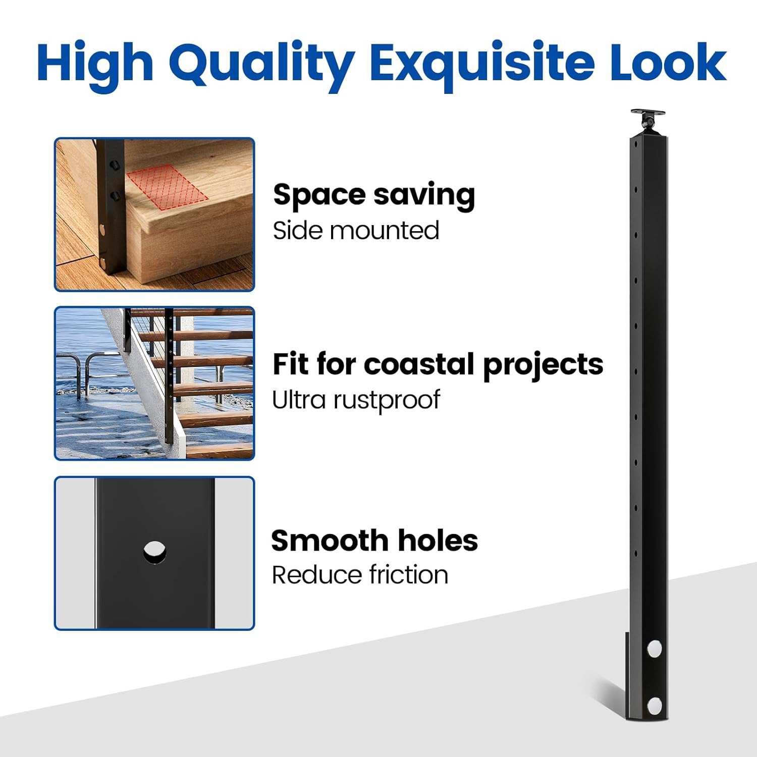 Aluminum Black Side Mount Stair Cable Railing Post 36 Inch for 25-35 Degrees Sta