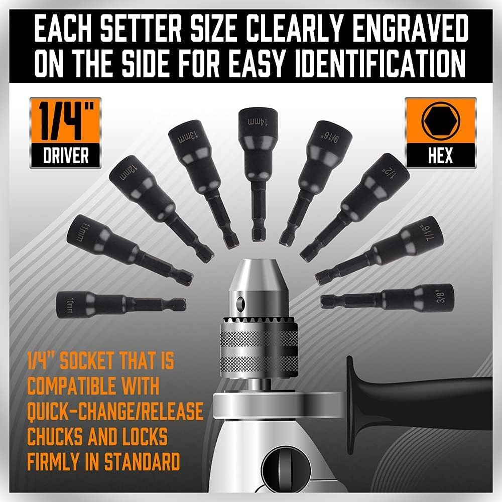 12PC Magnetic Nut Driver Set SAE Metric Impact Drill Bit 1/4 Quick Change