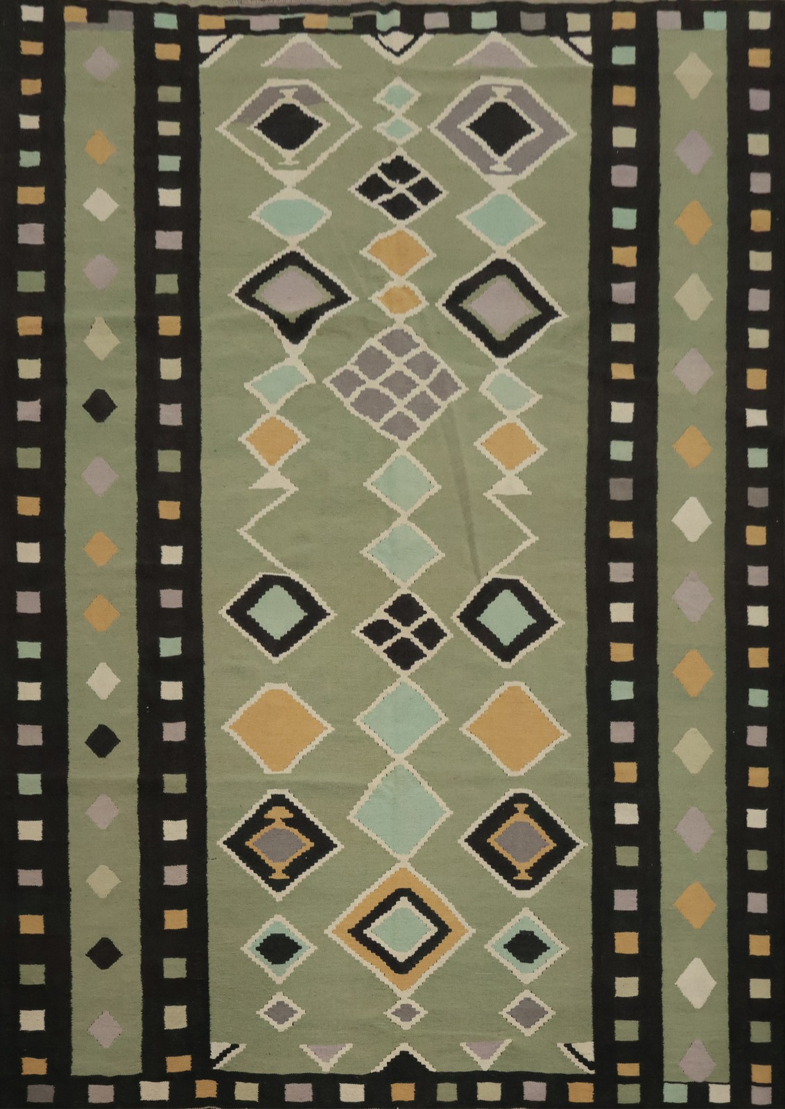 Green Geometric Kilim Area Rug 8×10 Flat-weave Oriental Turkish Any Room Carpet