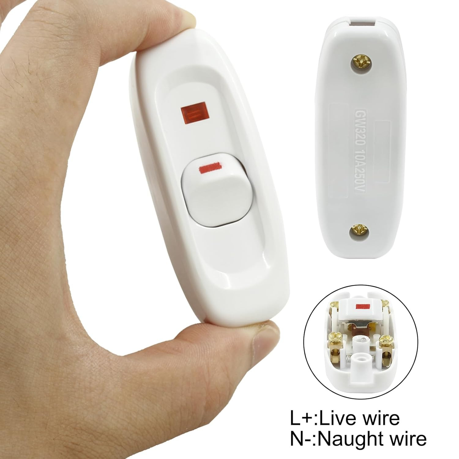 2 Pcs White Inline Switch Push Button On/Off Cord Appliance Switch with LED Ligh
