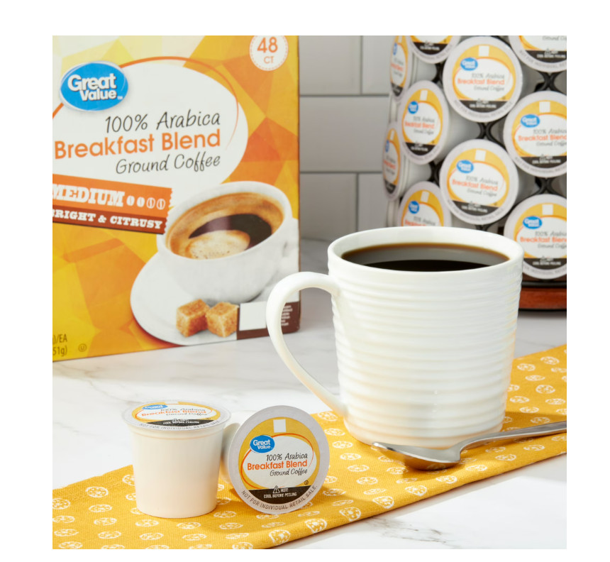 Great Value 100% Arabica Breakfast Blend Medium Roast Ground Coffee Pods, 48 Ct