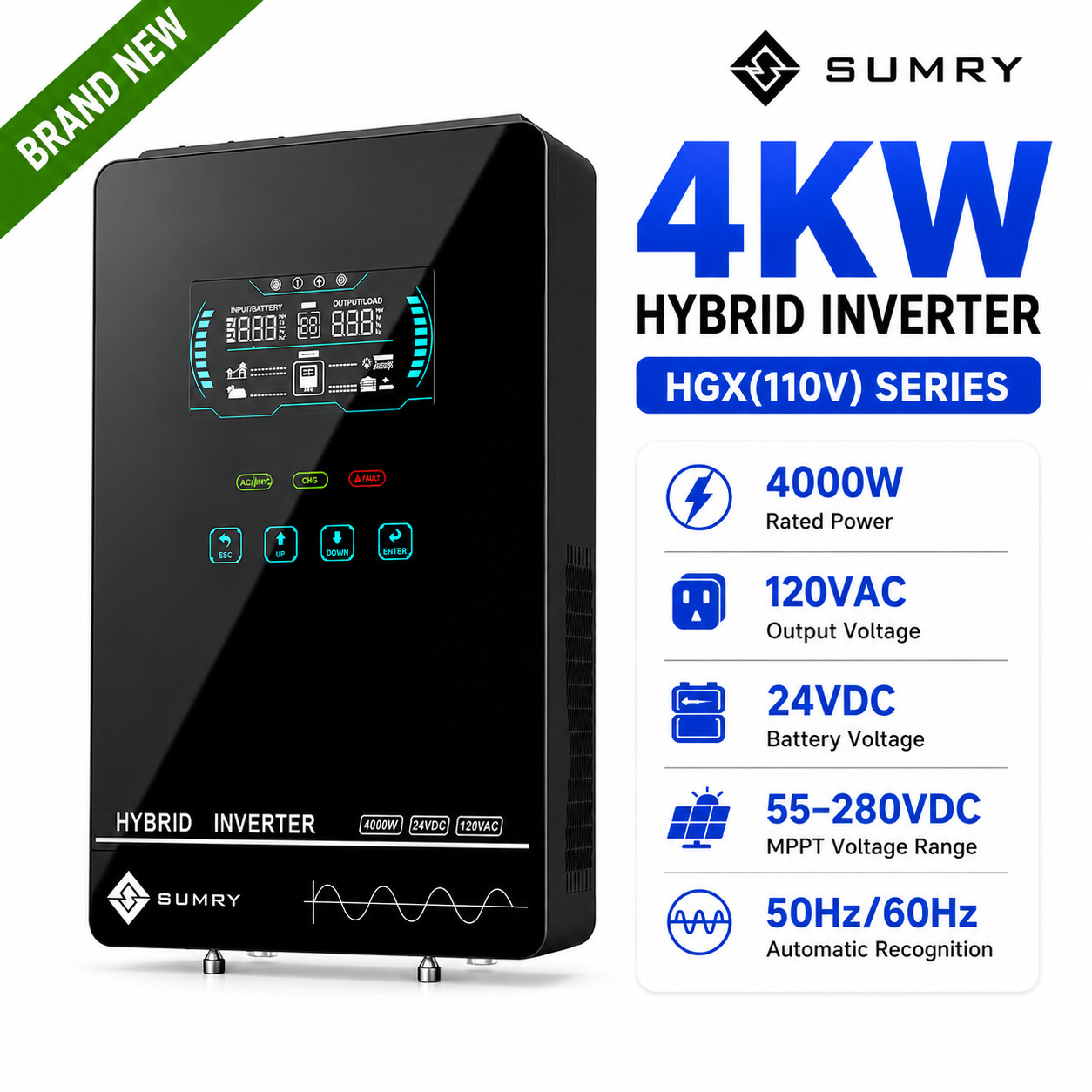 SUMRY 4000W 24V Hybrid Solar Inverter 140A MPPT Pure Sine Wave 120V AC