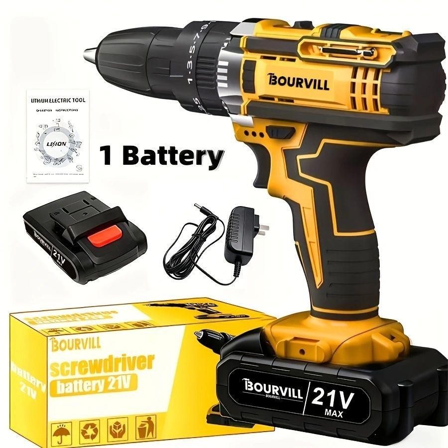 BOURVILL 21V Cordless Impact Drill Set, Wireless Drill Set, Household Power Tool