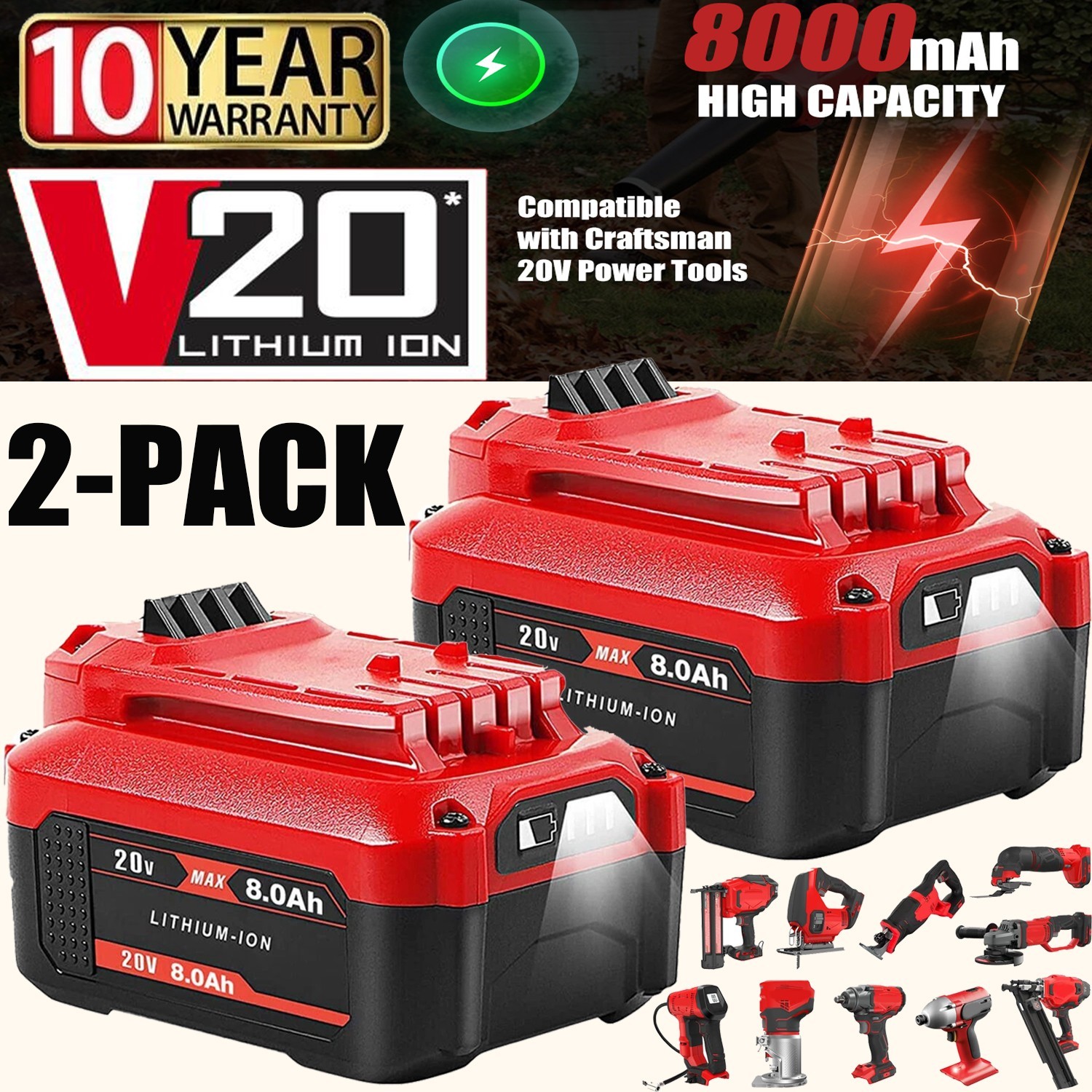 2x V20 8 Ah For Craftsman 20Volt MAX Lithium-ion Battery CMCB204 CMCB202 CMCB206