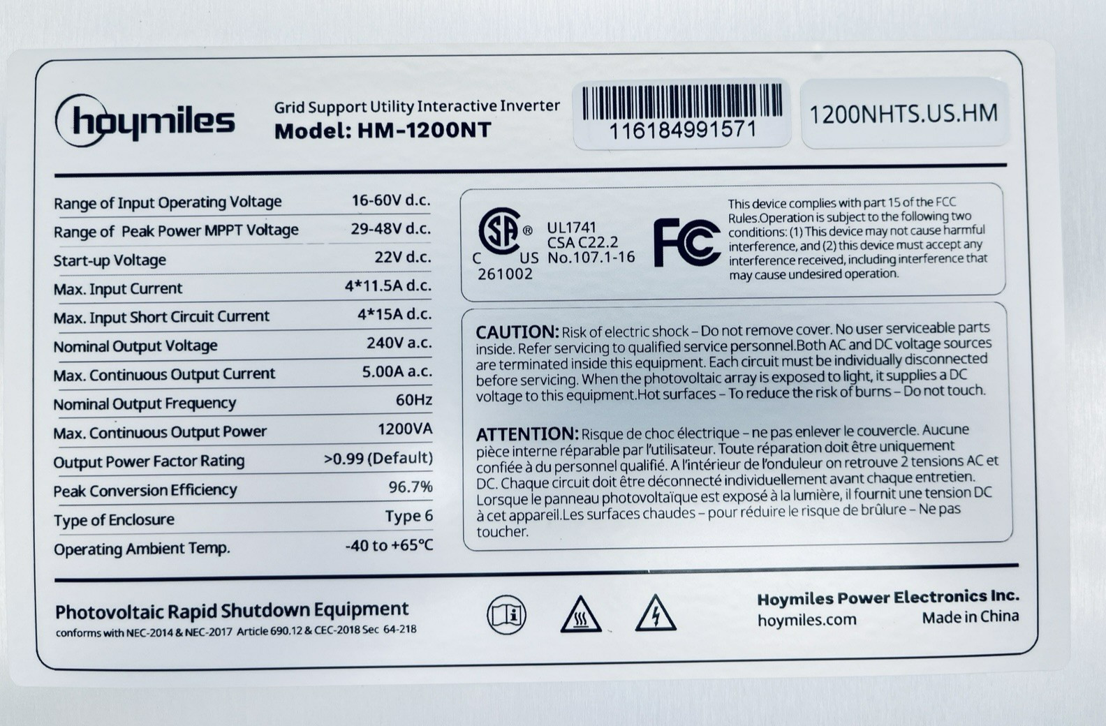 Hoymiles HM-1200NT 4-in-1 Microinverter Module Power 16-60Vdc 240Vac 60Hz 1200NT