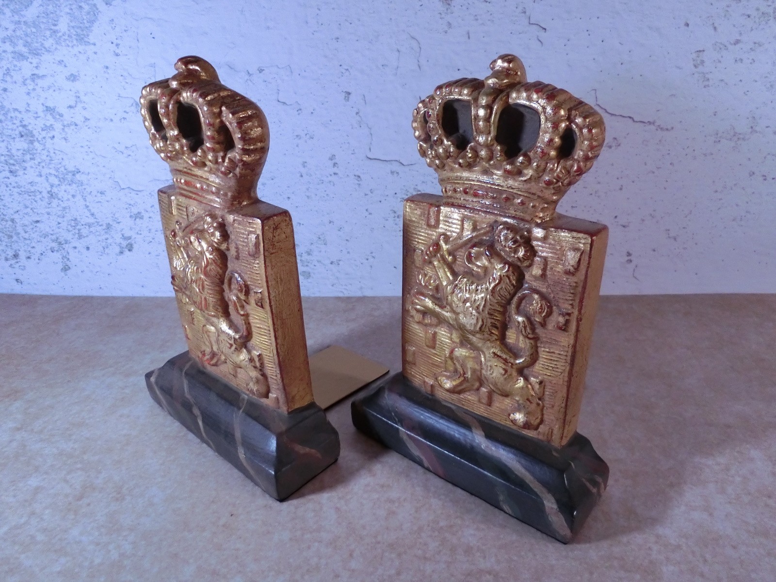 Gold Gilded Regal Lion & Crown Bookends w/Marbleized Base English British Style