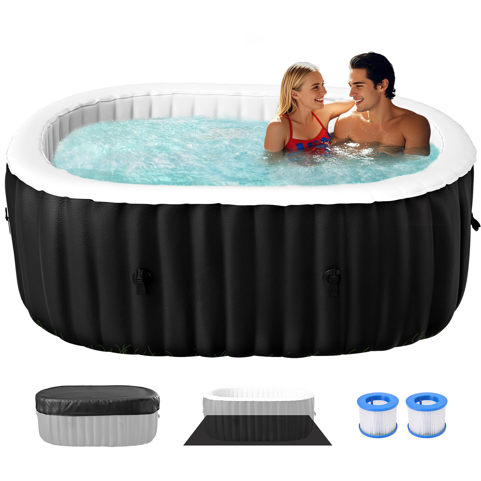 H&ZT 2 Person Inflatable Hot Tub w/Table Leak-Proof PVC Outdoor Spa 100 Air Jets